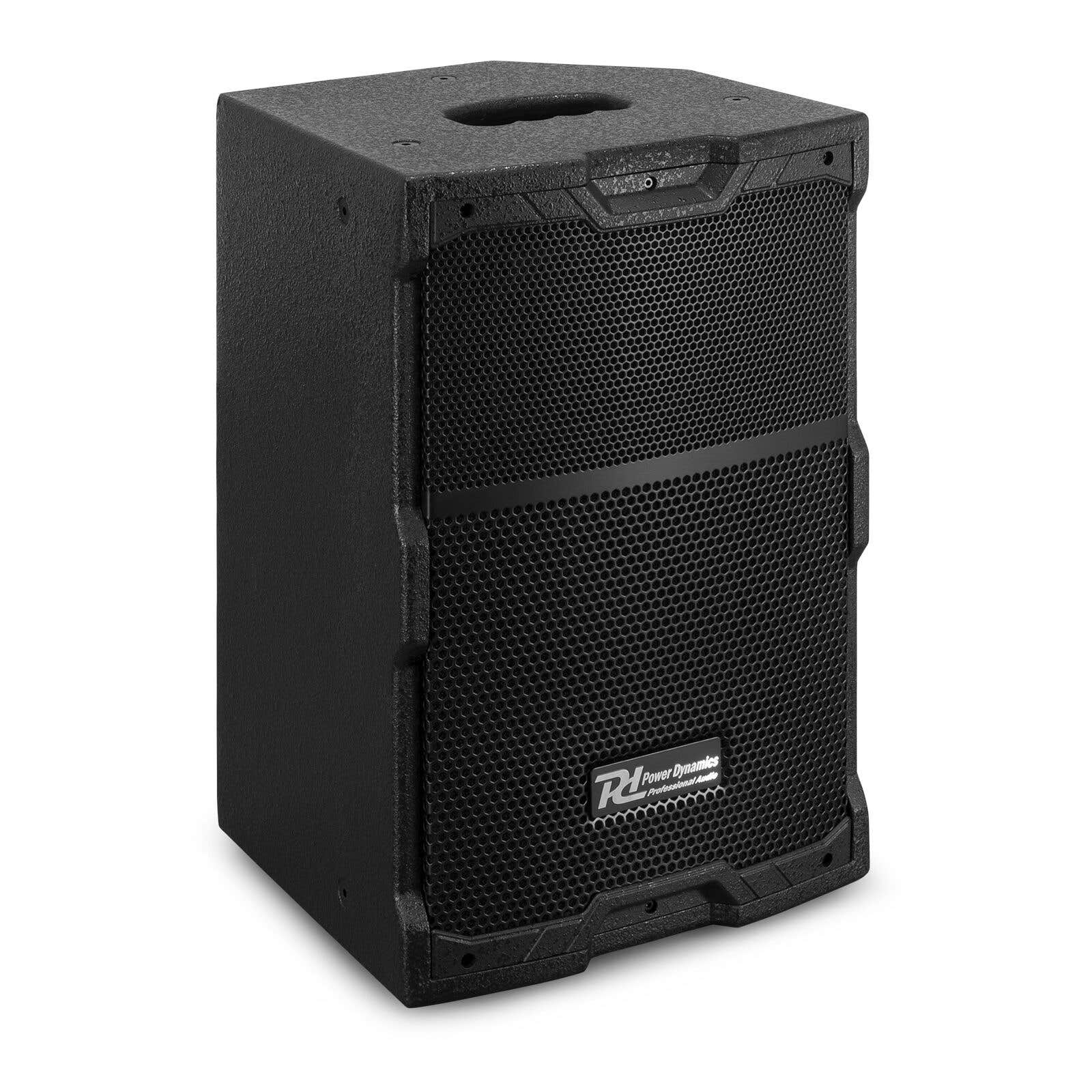 Altavoz negro con frontal de malla. La parte superior tiene un asa. El logotipo de la marca es visible abajo a la derecha.