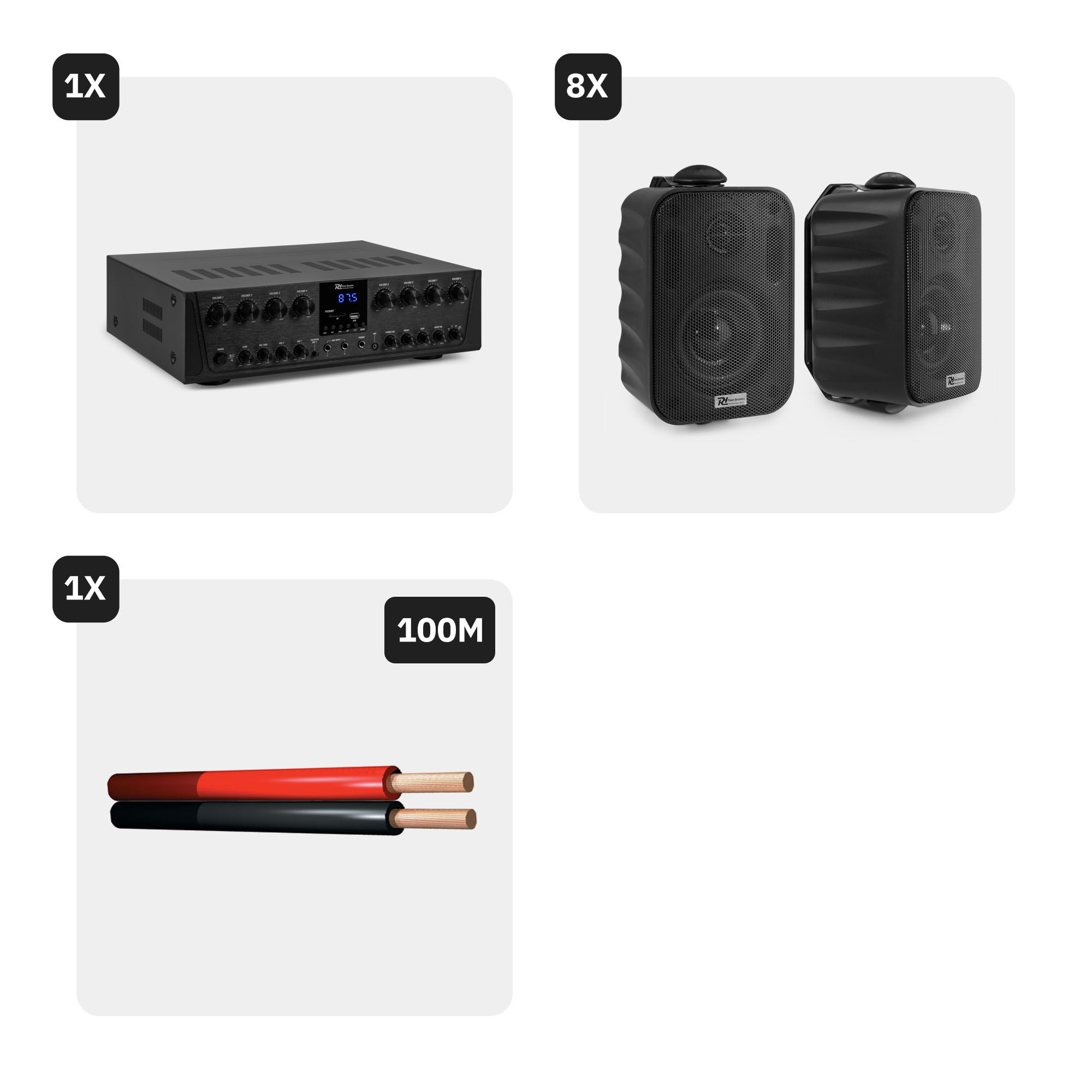 Un amplificador negro, dos altavoces negros y un cable con aislamiento rojo y negro. Fondo blanco.