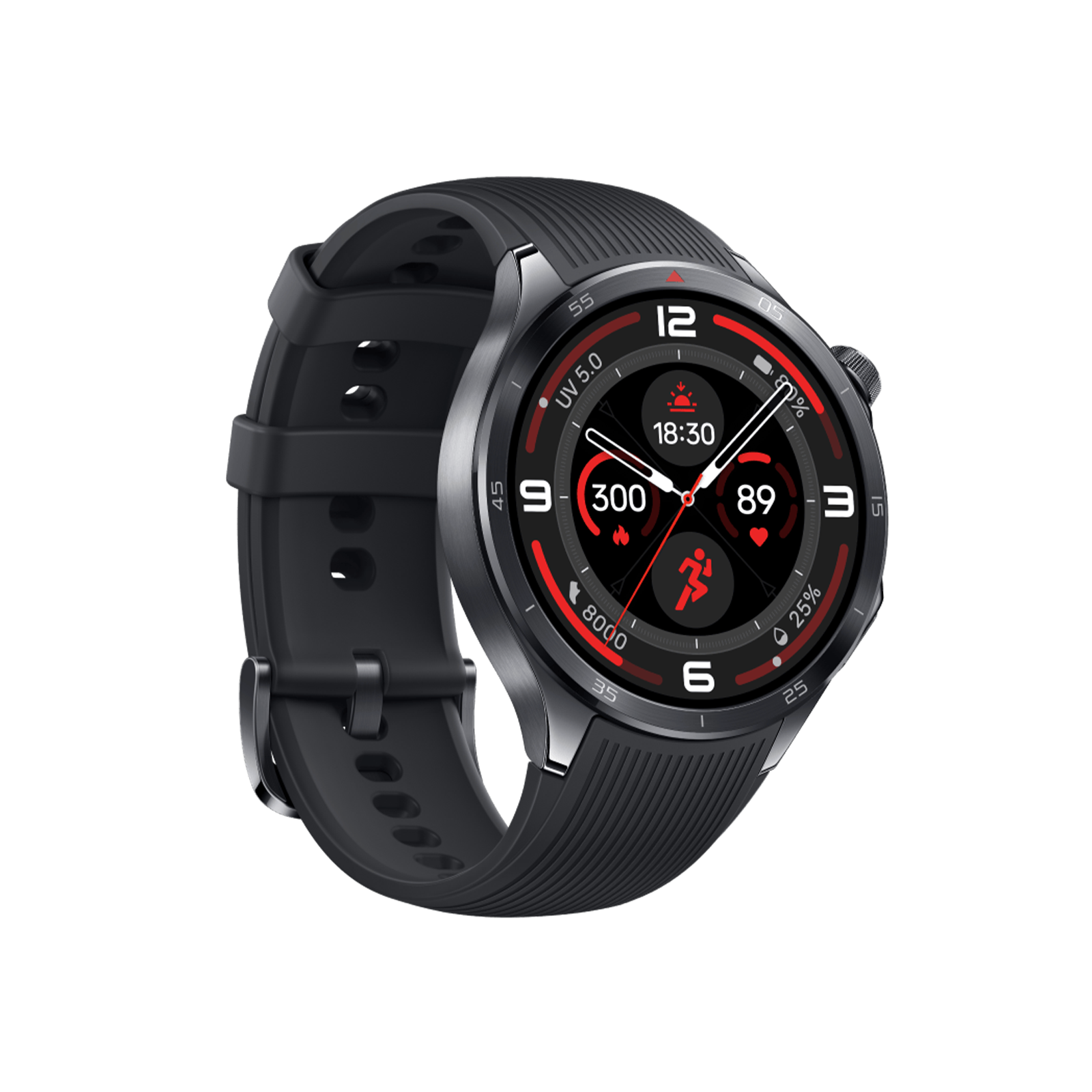 Czarny smartwatch z okrągłą tarczą, wyświetlający czas, wskaźniki aktywności i inne dane, z czarnym paskiem.