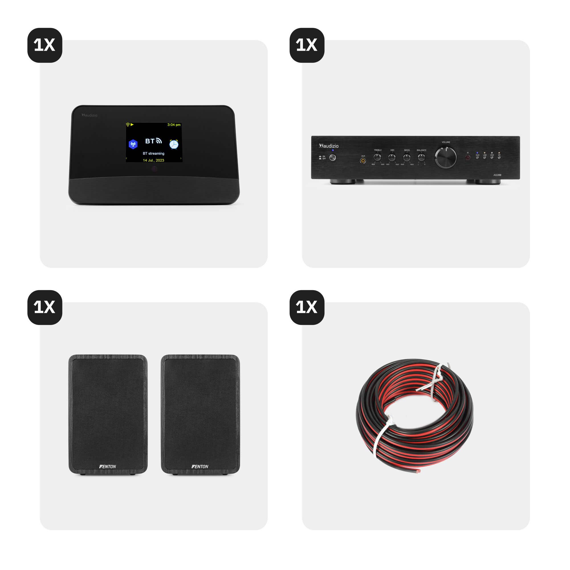 Un reproductor multimedia negro con pantalla que muestra transmisión Bluetooth, un amplificador negro, dos altavoces y cable rojo/negro.