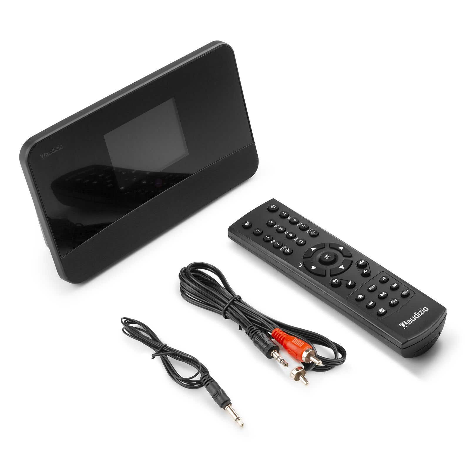 Un dispositivo multimedia negro con pantalla, mando a distancia, cables y conectores sobre fondo blanco. La marca es 'laudizio'.