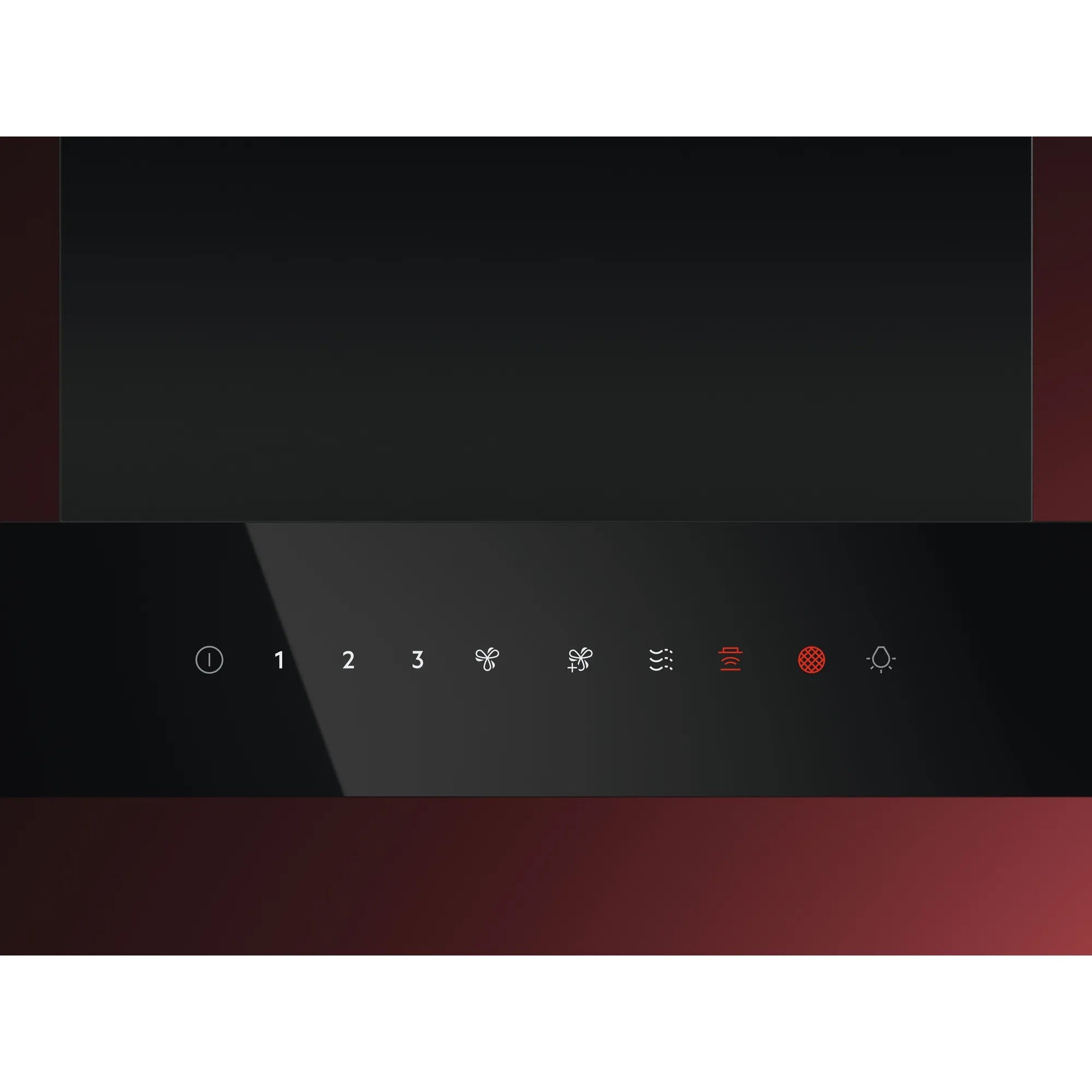Black touch panel with white icons and numbers 1, 2, 3. Reddish-brown background.