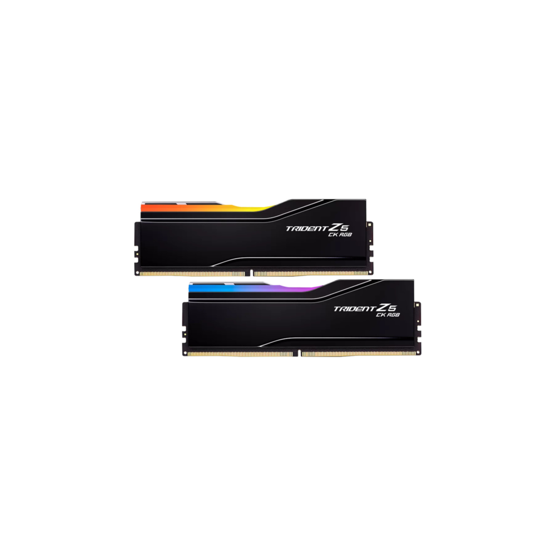 Dwa czarne paski RAM z logo Trident Z5 CK RGB. Jeden ma pomarańczowo-żółte, drugi niebiesko-fioletowe światło gradientowe.