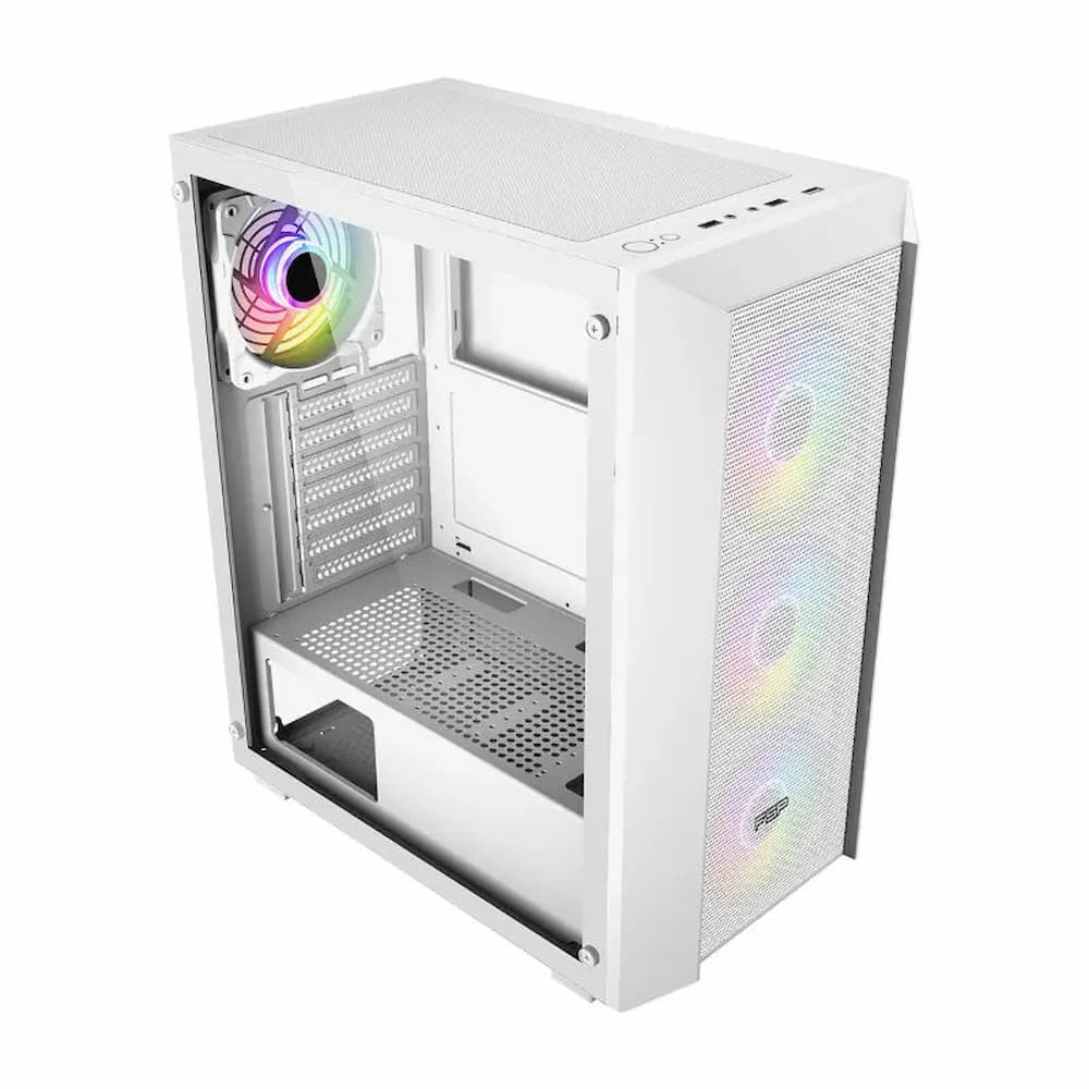 Carcasa de PC blanca. Tiene una parte frontal de malla con luces RGB. Se ve un ventilador con iluminación RGB. El interior está vacío.
