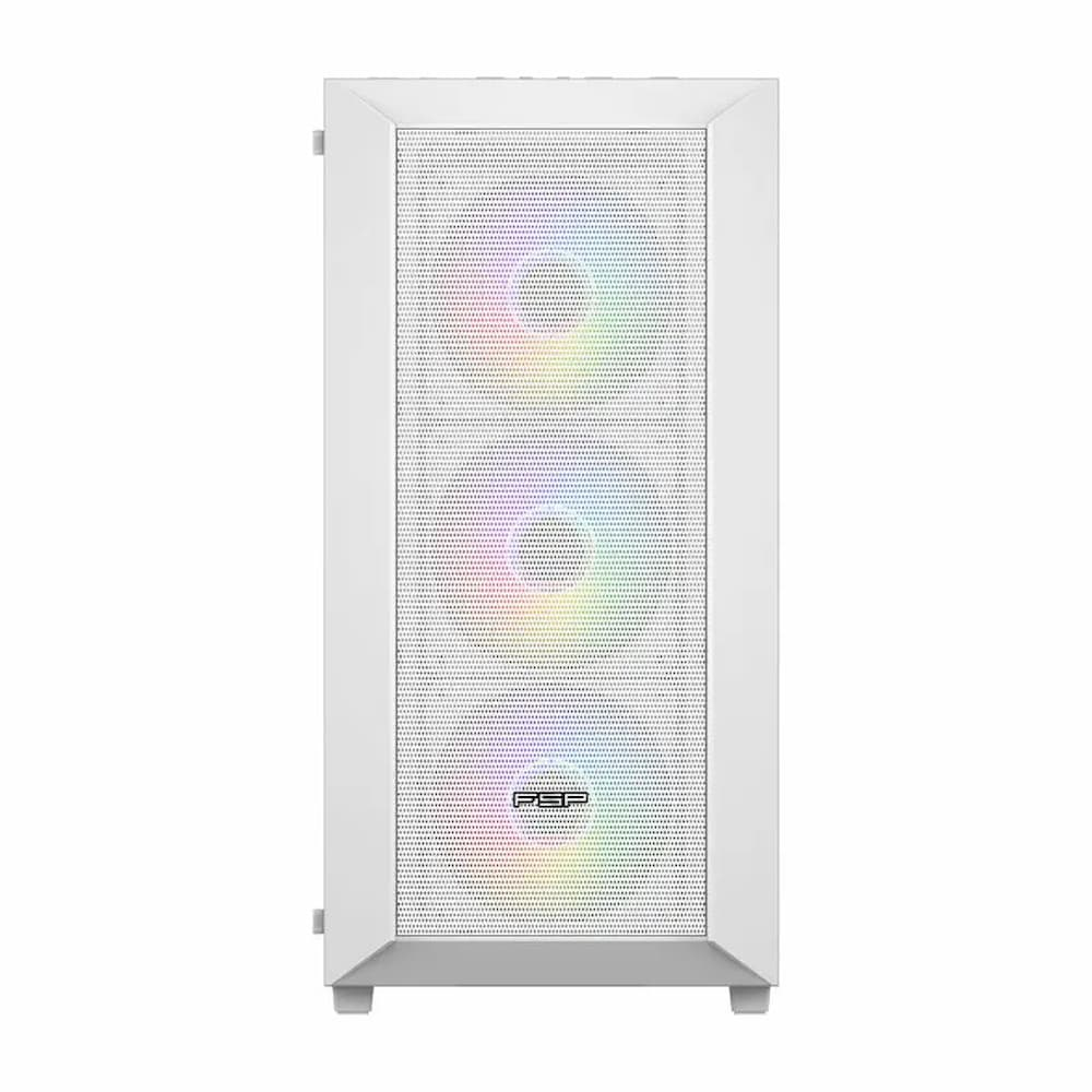 Parte frontal de una caja de ordenador blanca con diseño de malla y luces RGB. La caja tiene un logotipo abajo.