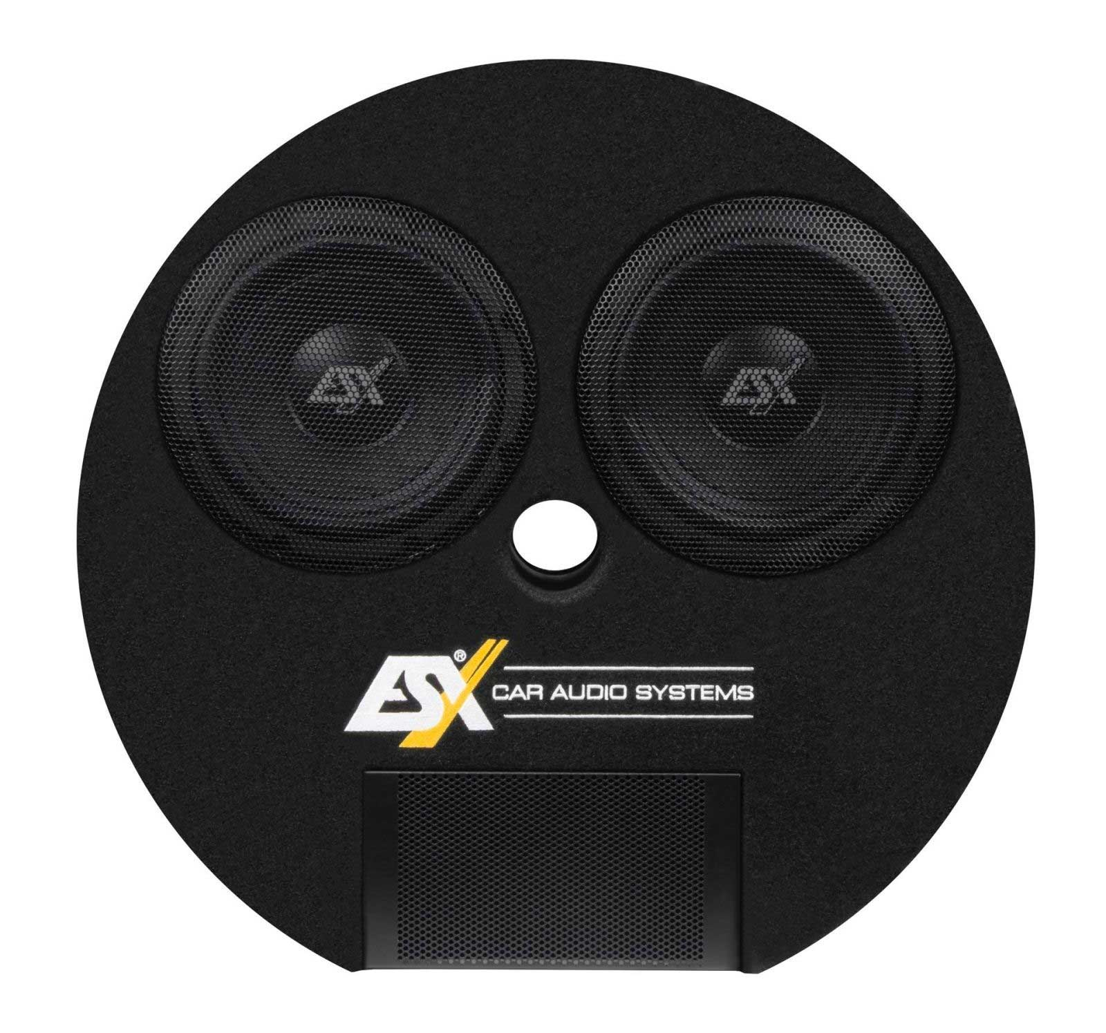 Schwarzes Auto-Audiosystem mit zwei runden Lautsprechern, Logo und einem rechteckigen Lüfter unten.