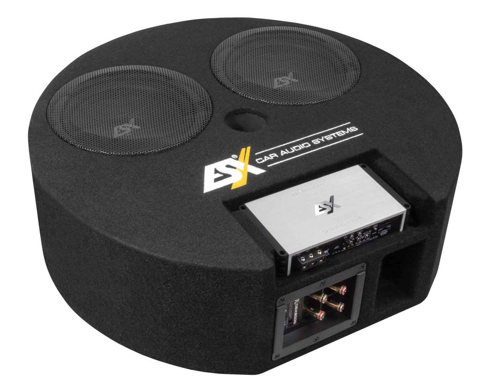 Ein schwarzer Auto-Audio-Subwoofer mit zwei Lautsprechern, einem Verstärker und Anschlussports. Das Markenlogo ist sichtbar.