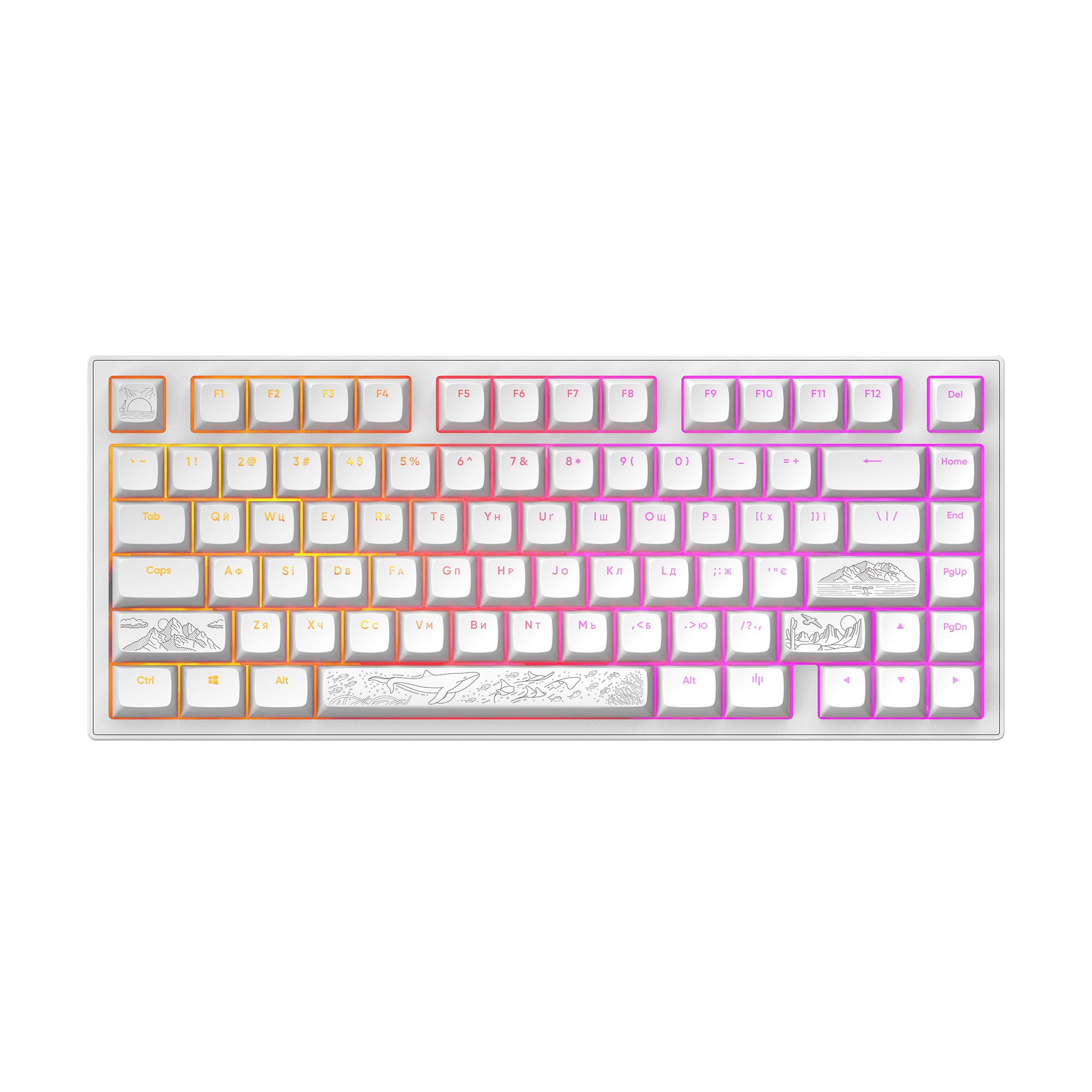 Eine weiße Tastatur mit farbigen Tastenkanten. Sie hat ein Landschaftsdesign auf einigen Tasten und einen grünen Hintergrund.