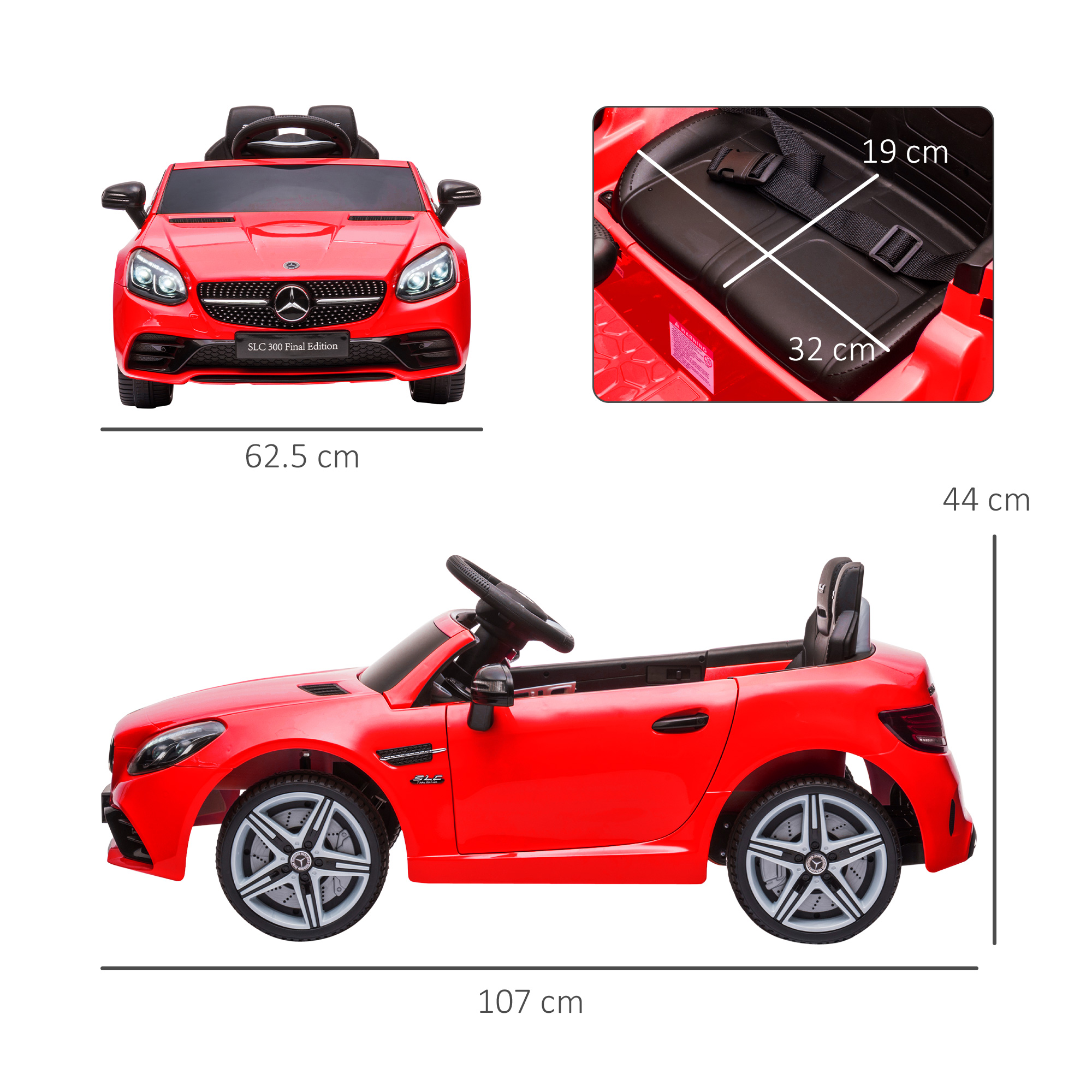 Un'auto giocattolo rossa, Mercedes-Benz SLC 300 Final Edition, con interni neri. Le dimensioni sono visualizzate accanto all'auto.