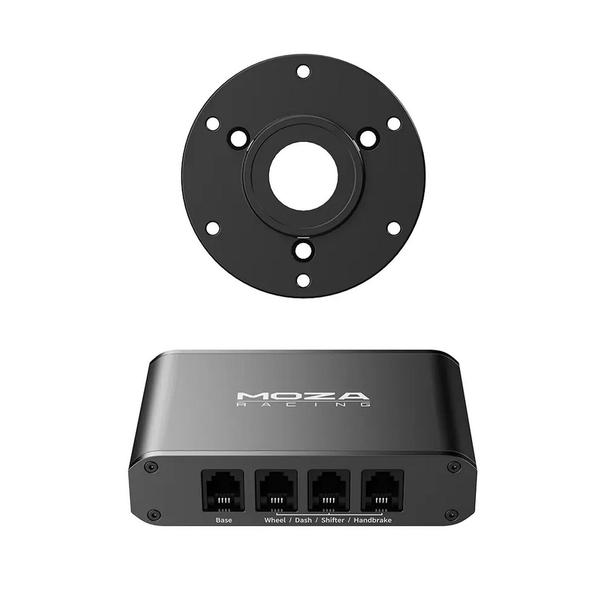 Eine schwarze kreisförmige Montageplatte mit Löchern befindet sich über einem schwarzen MOZA Racing-Gerät mit Anschlüssen.