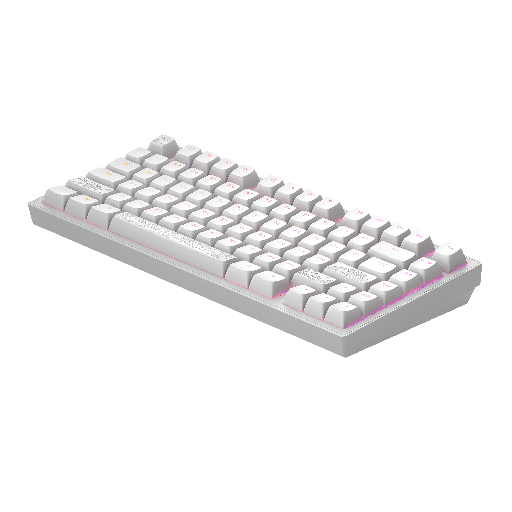 Eine weiße mechanische Tastatur mit leuchtenden Tasten. Die Tastenkappen haben orange und rosa Akzente auf grünem Hintergrund.