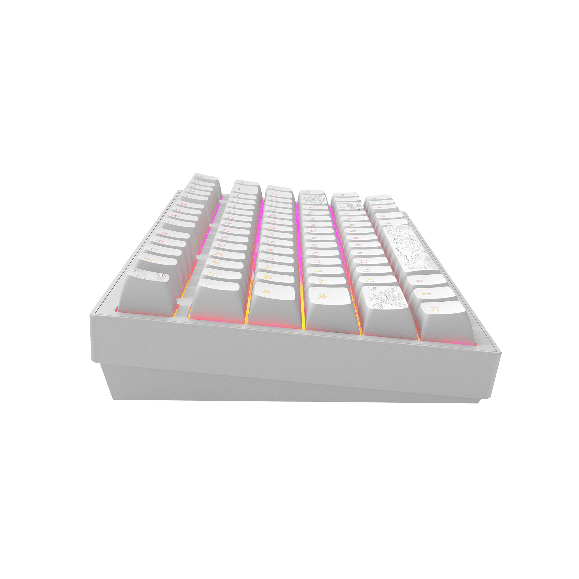 Eine weiße mechanische Tastatur mit beleuchteten Tasten. Die Tasten sind weiß mit schwarzen Illustrationen, auf grünem Hintergrund.