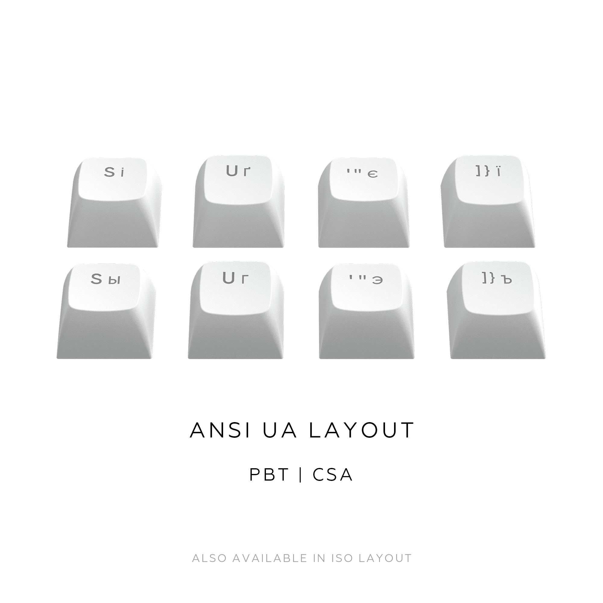 Weiße Tastenkappen mit kyrillischen Zeichen. 'ANSI UA LAYOUT' und 'PBT | CSA' stehen darunter.