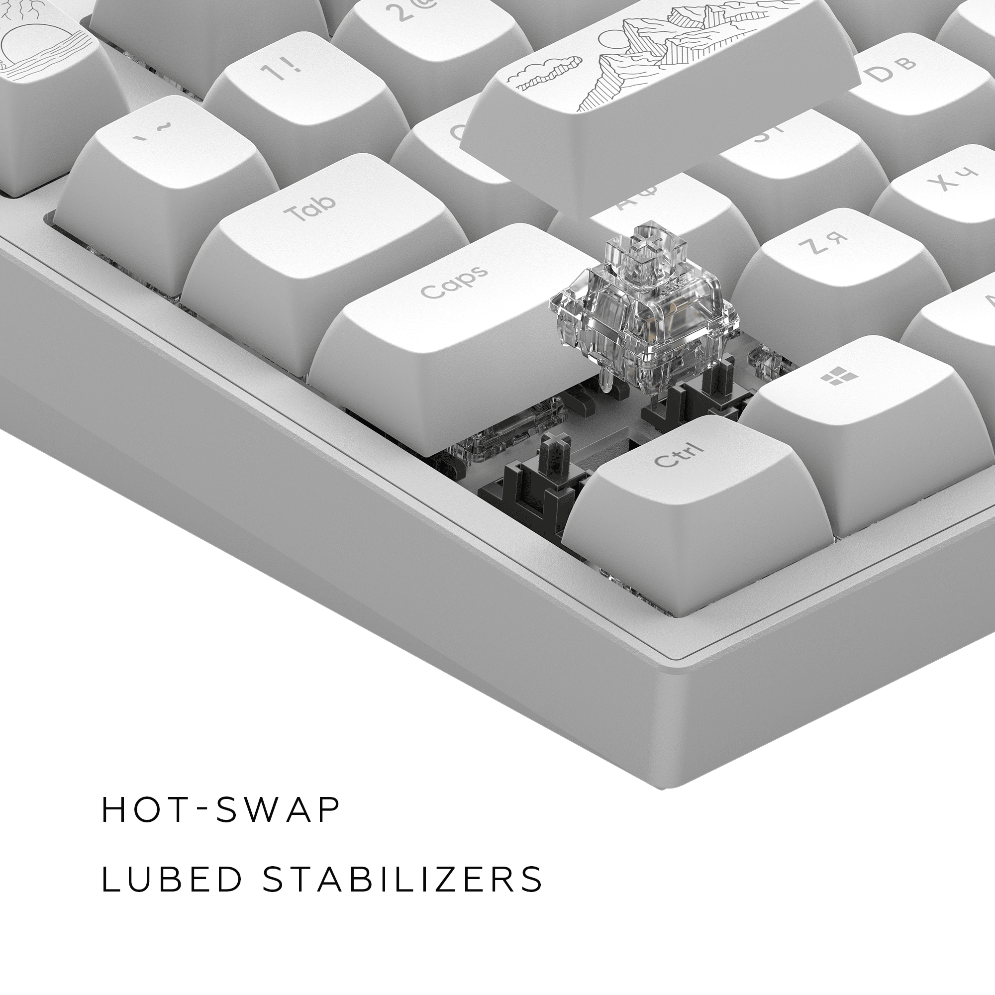 Nahaufnahme einer weißen Tastatur mit entfernter Taste, die den mechanischen Schalter zeigt. Die Tasten sind weiß, das Gehäuse grau.