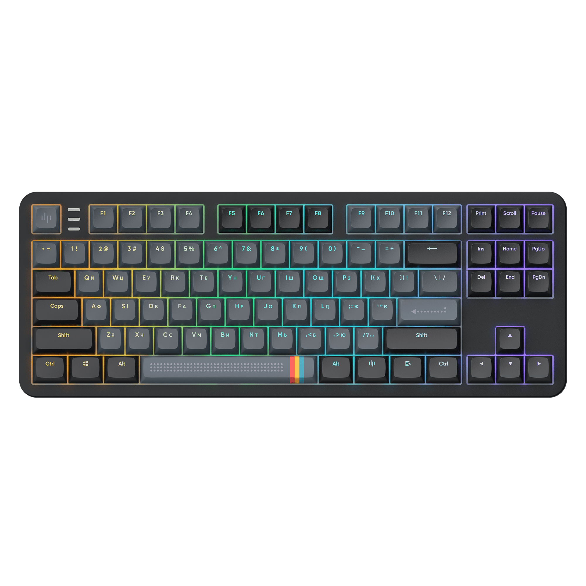 Una tastiera meccanica nera con tasti luminosi. Ha una barra spaziatrice arcobaleno e uno sfondo verde.