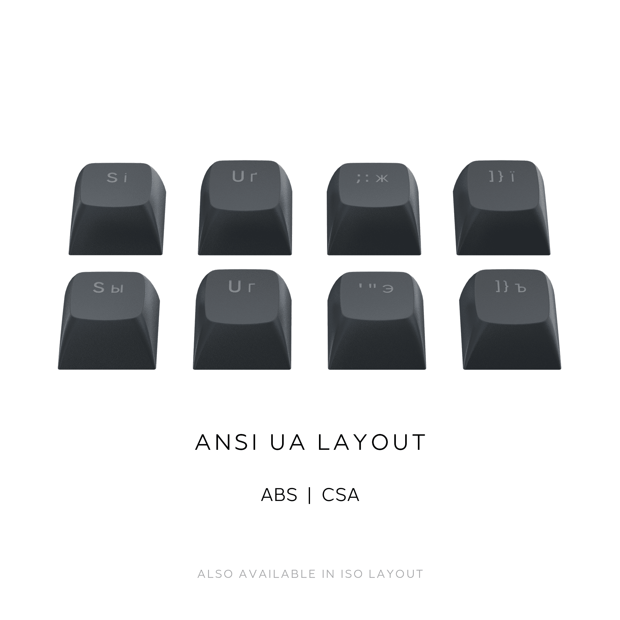 L'immagine mostra otto tasti di tastiera grigio scuro con lettere e simboli. Il testo indica il layout ANSI UA, ABS | CSA e il layout ISO.