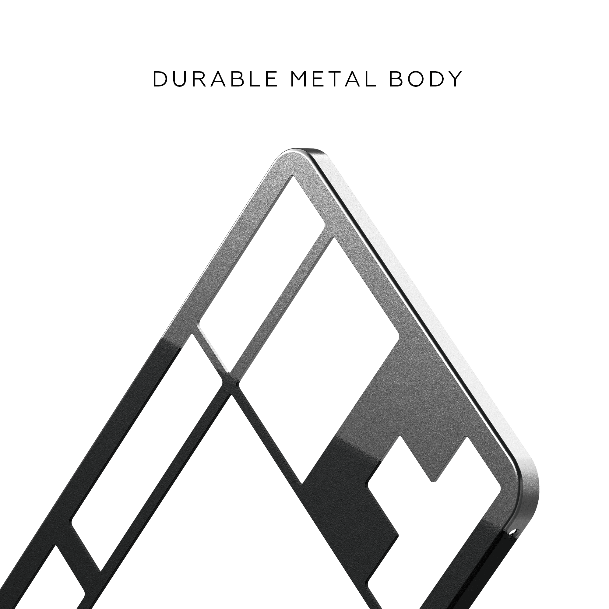 Primo piano di un telaio metallico con ritagli, su sfondo bianco. Il testo in alto recita 'DURABLE METAL BODY'.
