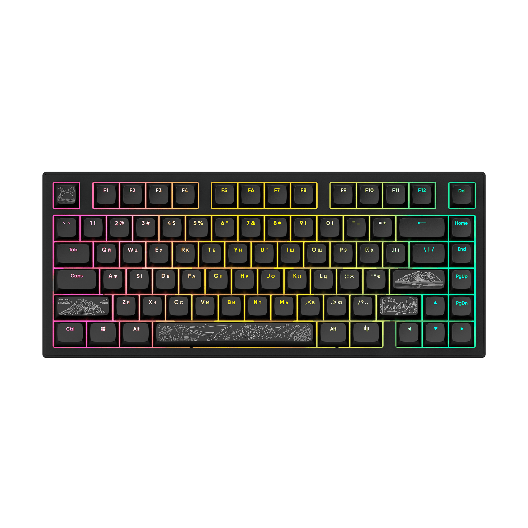 Eine schwarze mechanische Tastatur mit verschiedenen Tasten und Symbolen, einschließlich Funktionstasten, Buchstaben und Zahlen.