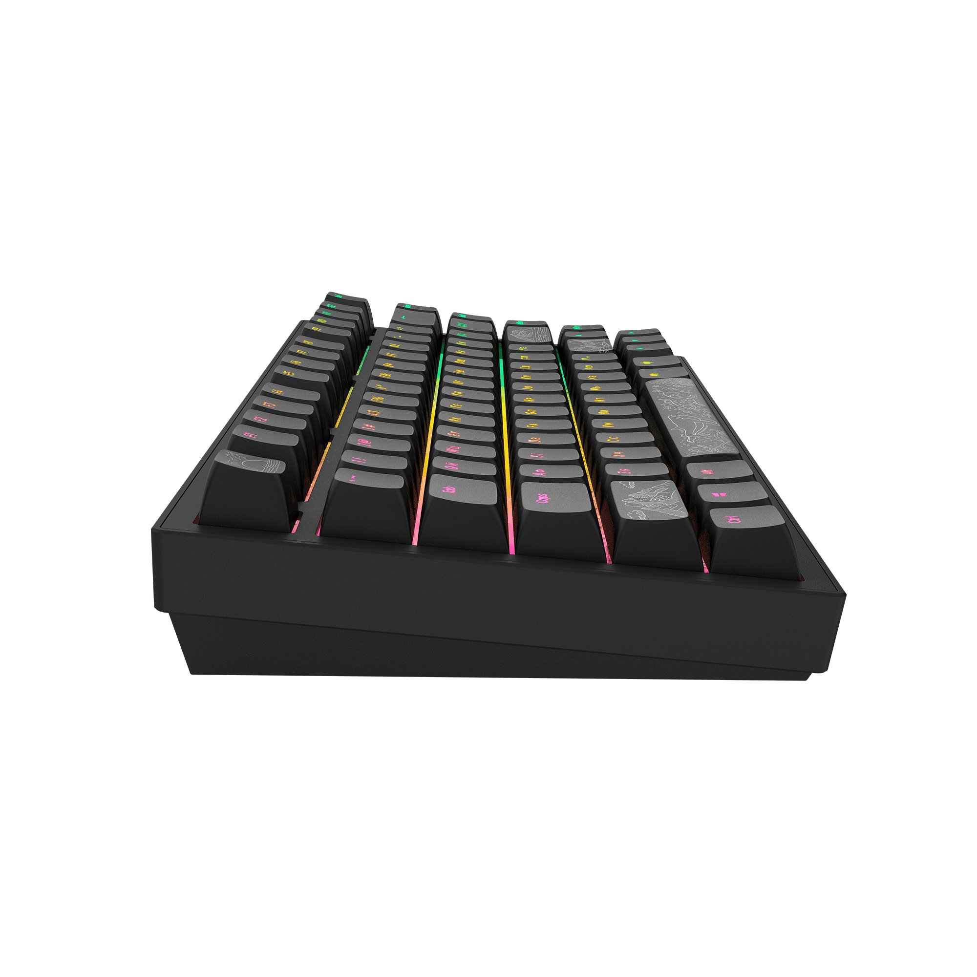 Eine schwarze mechanische Tastatur mit beleuchteten Tasten. Grüner Hintergrund.