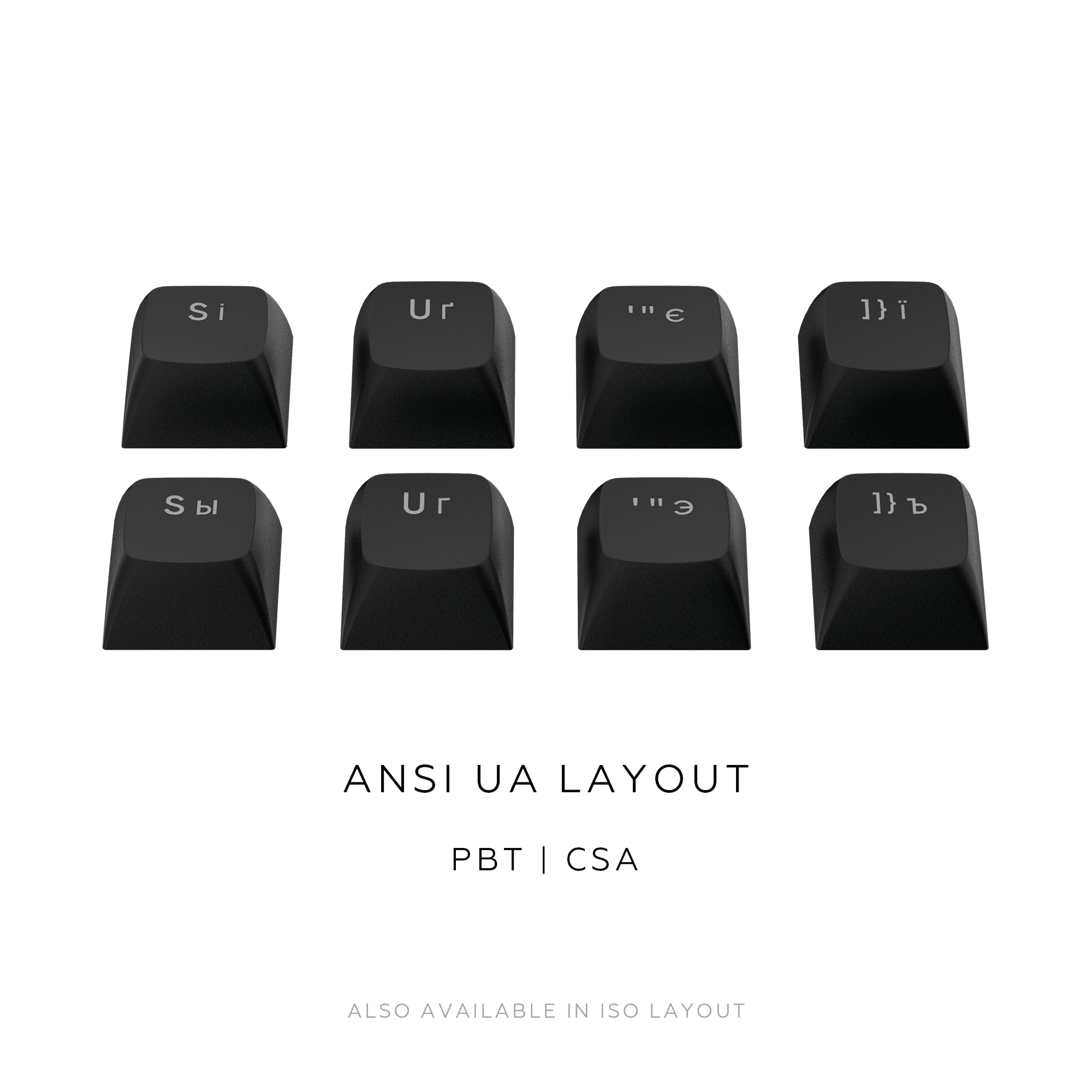 Das Bild zeigt acht schwarze Tastenkappen mit weißer Beschriftung. Darunter steht 'ANSI UA LAYOUT' und 'PBT | CSA'.