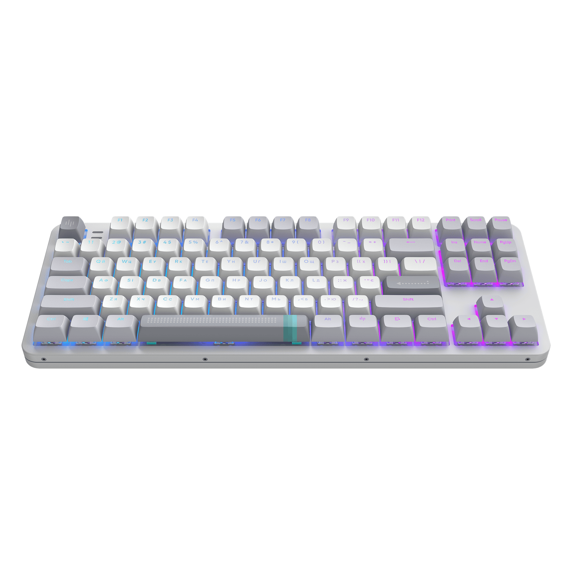 Una tastiera meccanica bianca con tasti illuminati. I tasti sono grigio chiaro con illuminazione blu, viola e verde.