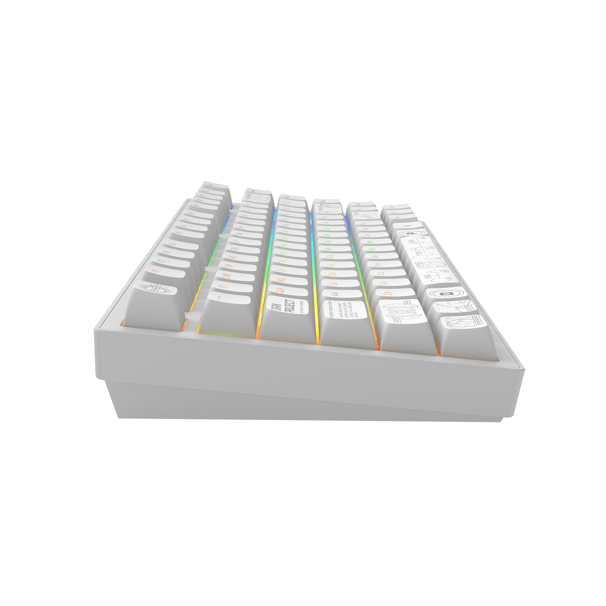 Weiße mechanische Tastatur mit beleuchteten Tasten auf grünem Hintergrund. Tasten haben Symbole und Beschriftungen.