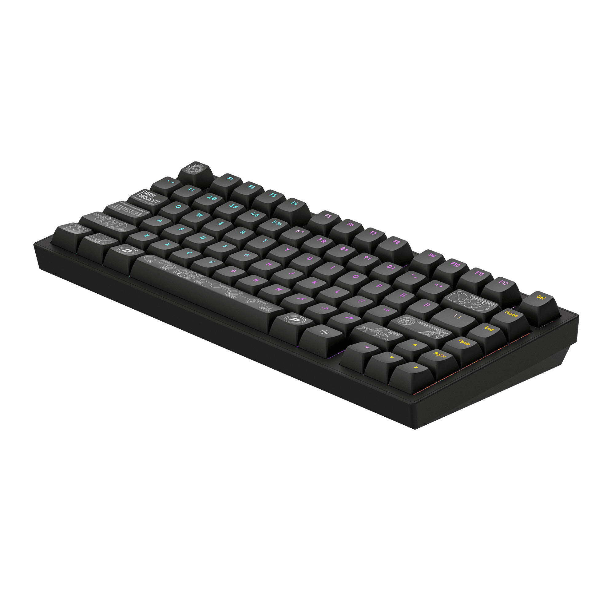 Schwarze mechanische Tastatur mit weißen Tastenbeschriftungen, lila und orangefarbener Beleuchtung und grünem Hintergrund.