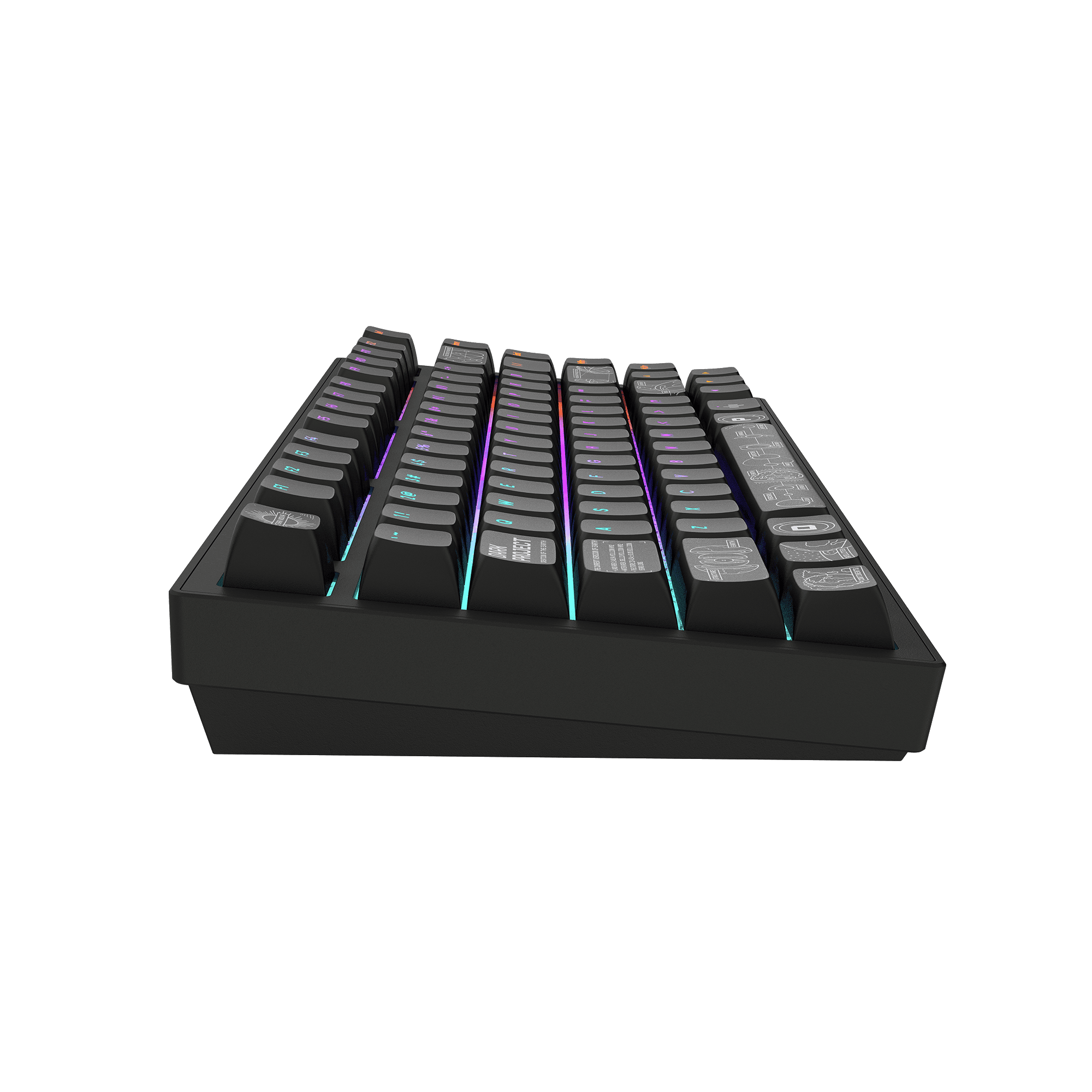 Eine schwarze mechanische Tastatur mit beleuchteten Tasten auf grünem Hintergrund. Die Tastatur ist abgewinkelt.