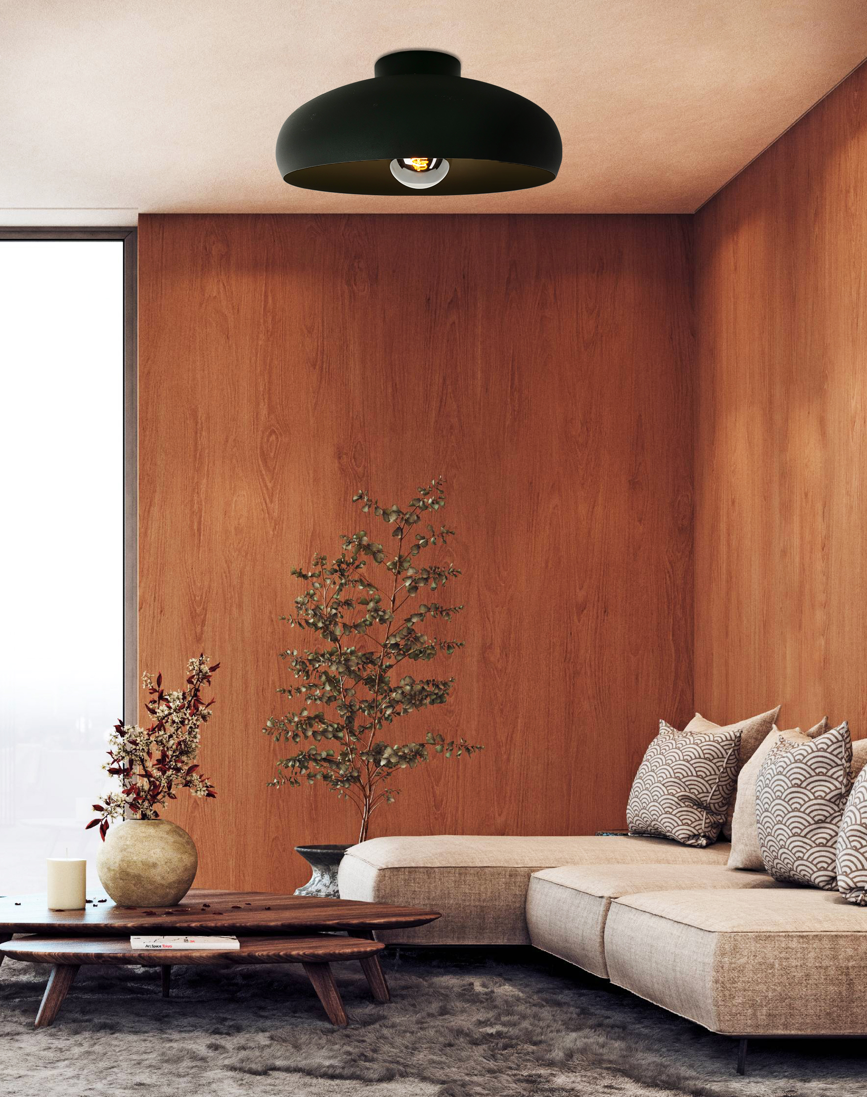 Soggiorno con boiserie, divano, tavolino e piante. Una lampada nera pende dal soffitto.