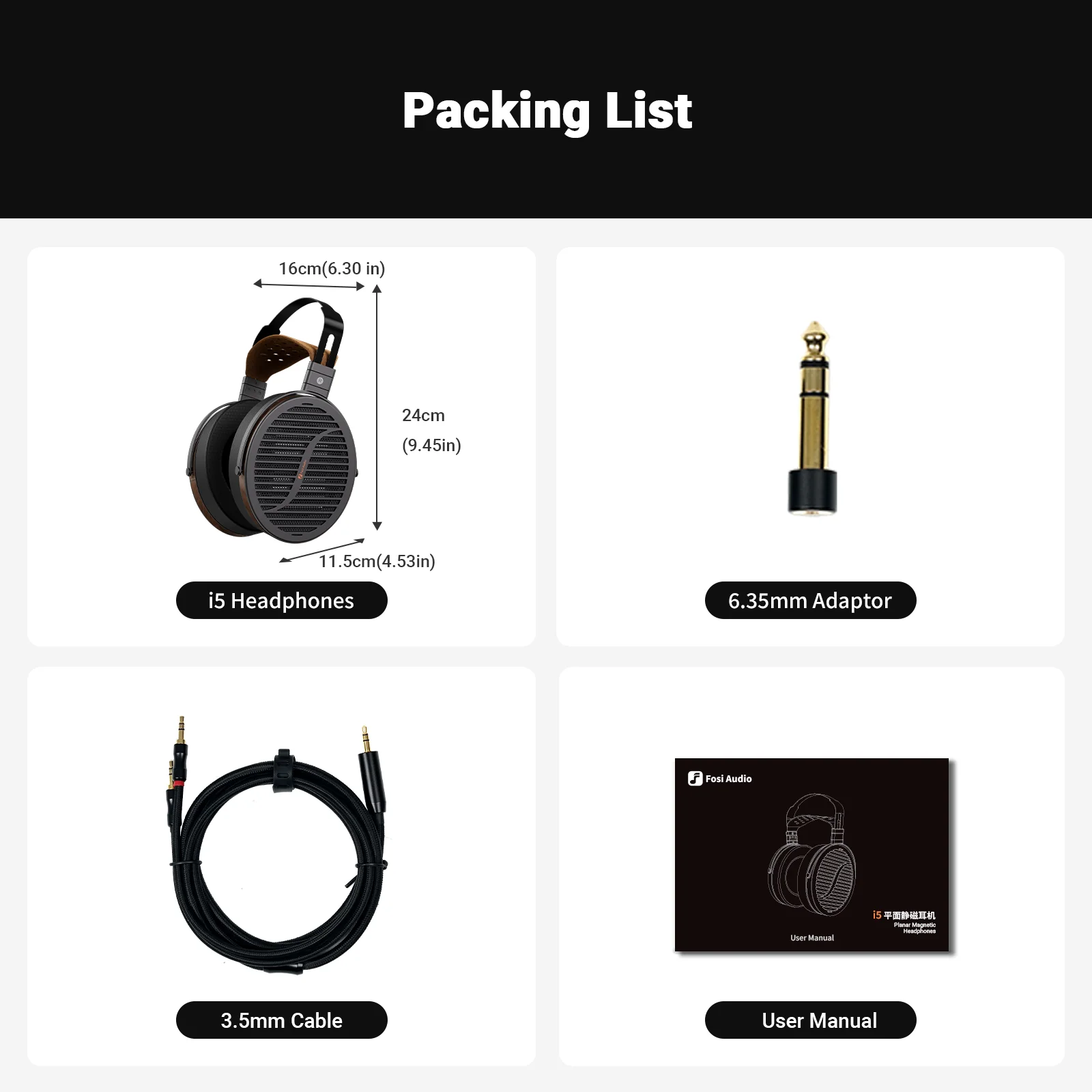 Packing list with i5 headphones, 6.35mm adapter, 3.5mm cable, and user manual.