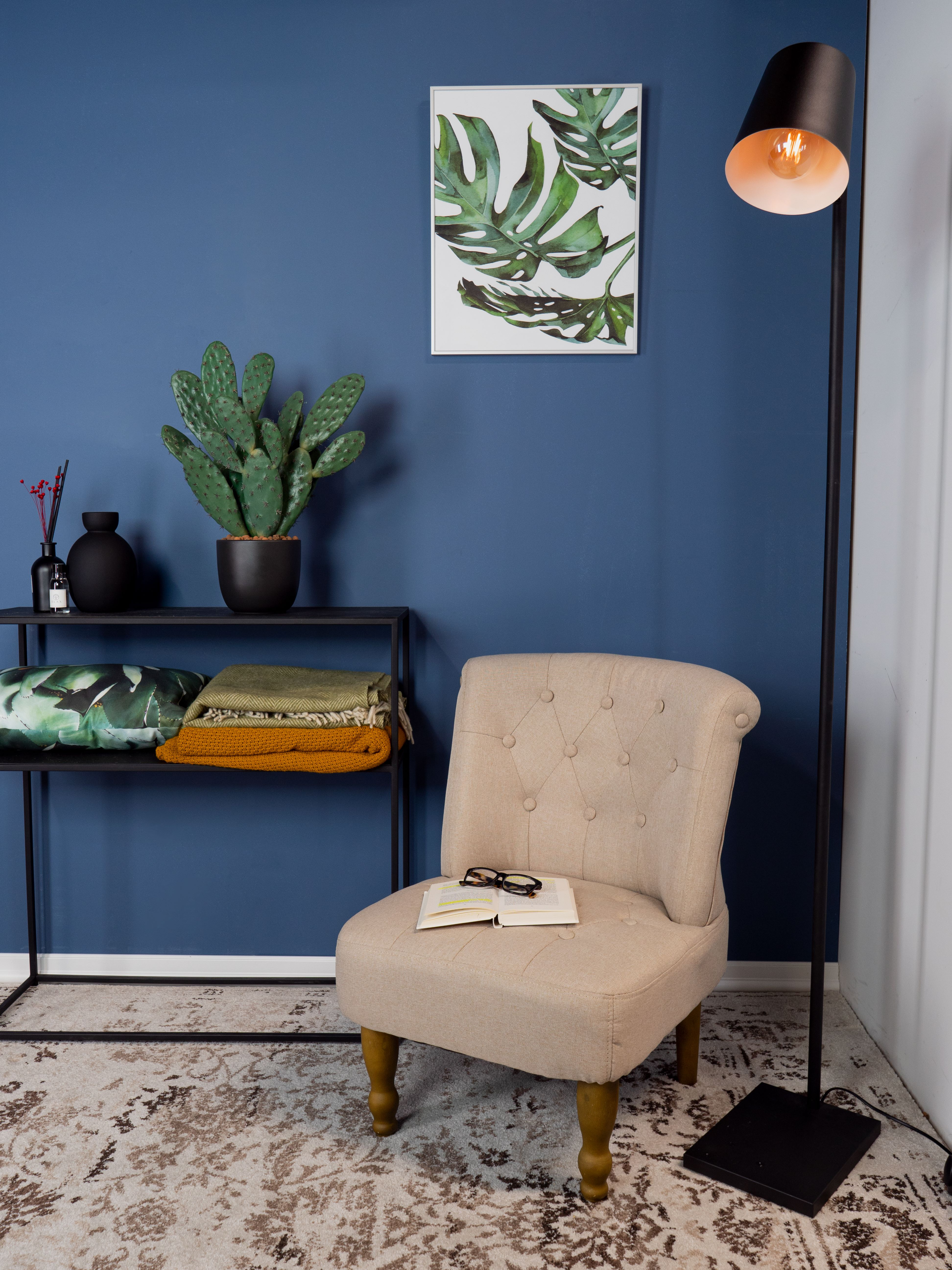 Ein Raum mit Stuhl, Lampe und Regal. Kaktus, Bild und Buch sind vorhanden. Blaue Wand und gemusterter Teppich.