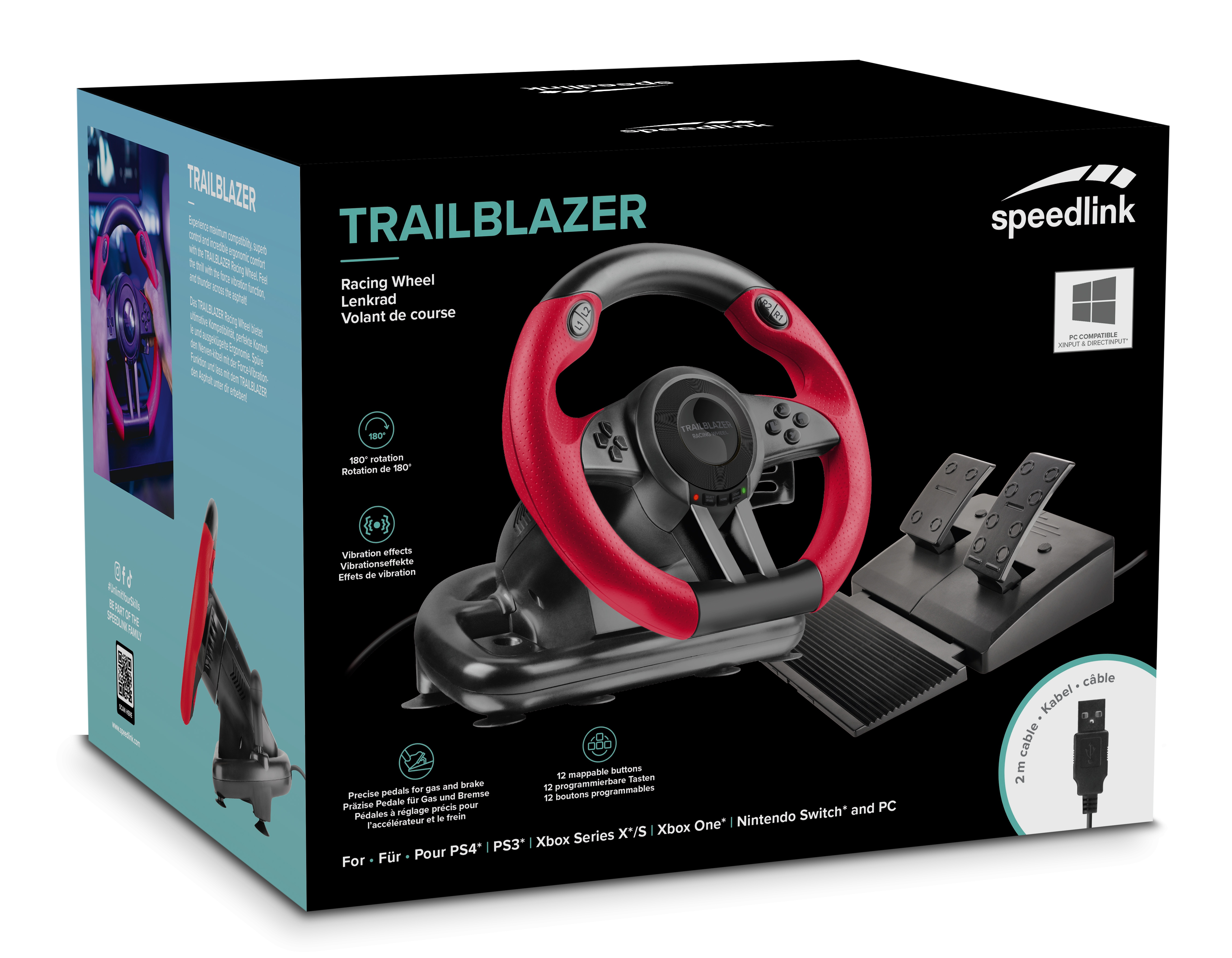 Boxed racing wheel set with red wheel, black base, and pedals. Text on the box includes 'TRAILBLAZER'.
