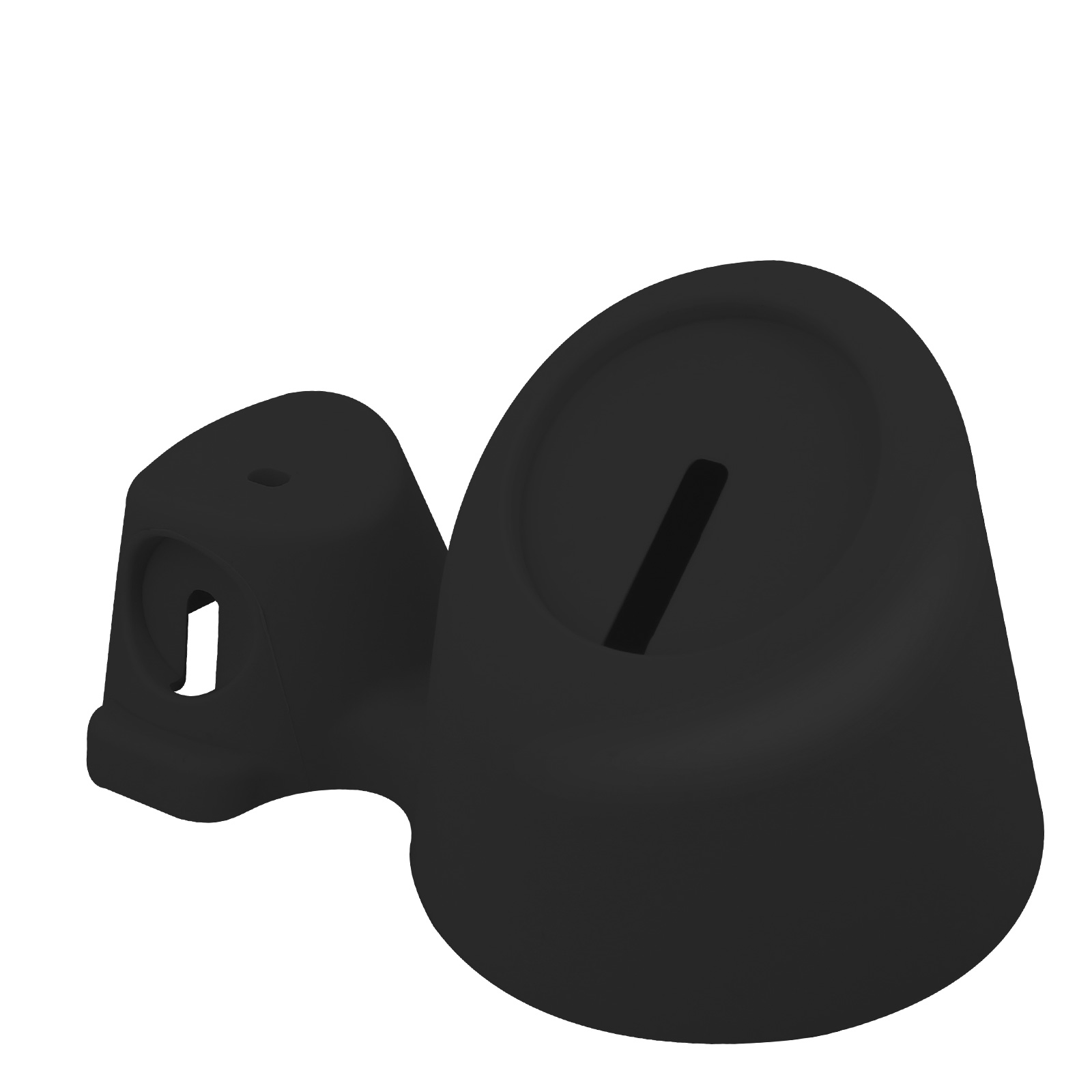 Objeto negro abstracto con diseño curvo. Tiene una ranura y un agujero sobre un fondo blanco.