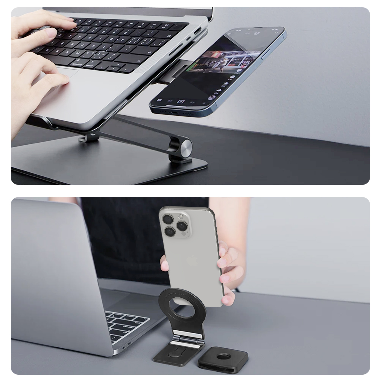 Laptop e telefono su un supporto. Persona che usa il laptop. Il telefono mostra un video. Telefono e laptop sono argentati.