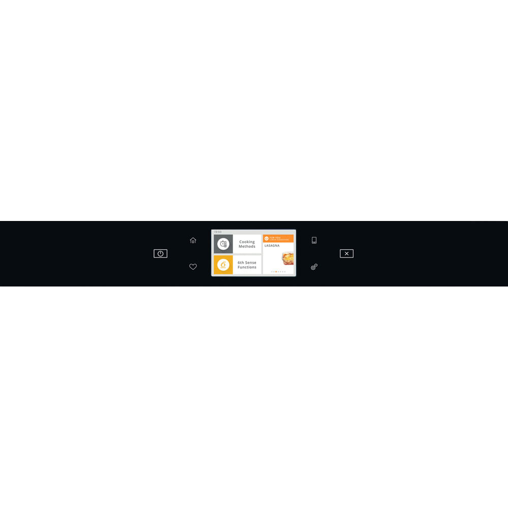 Une interface de four noire affiche des options de cuisson, dont 'Méthodes de cuisson' et 'Fonctions 6e Sens'. La recette de lasagnes est visible.