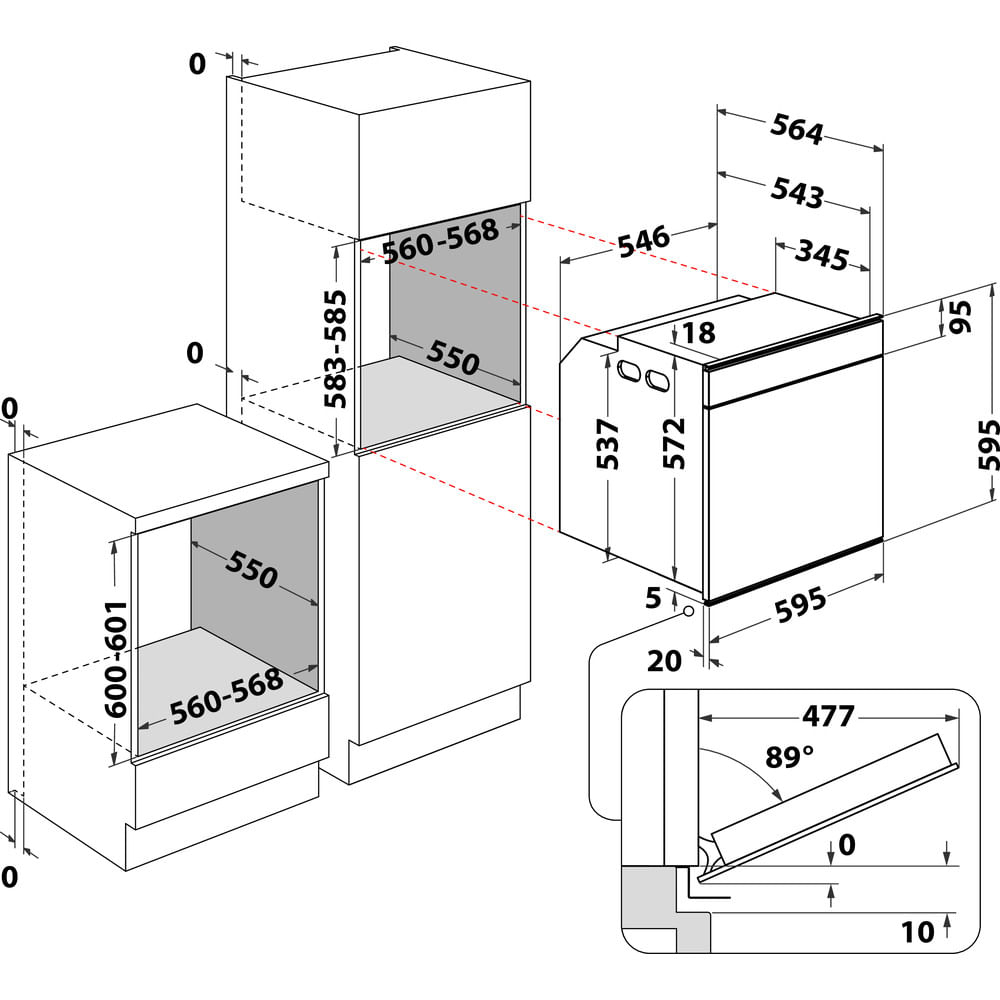 Diagramme d'appareils de cuisine encastrés avec mesures en millimètres. Comprend un four, un micro-ondes et une vue détaillée de la charnière.