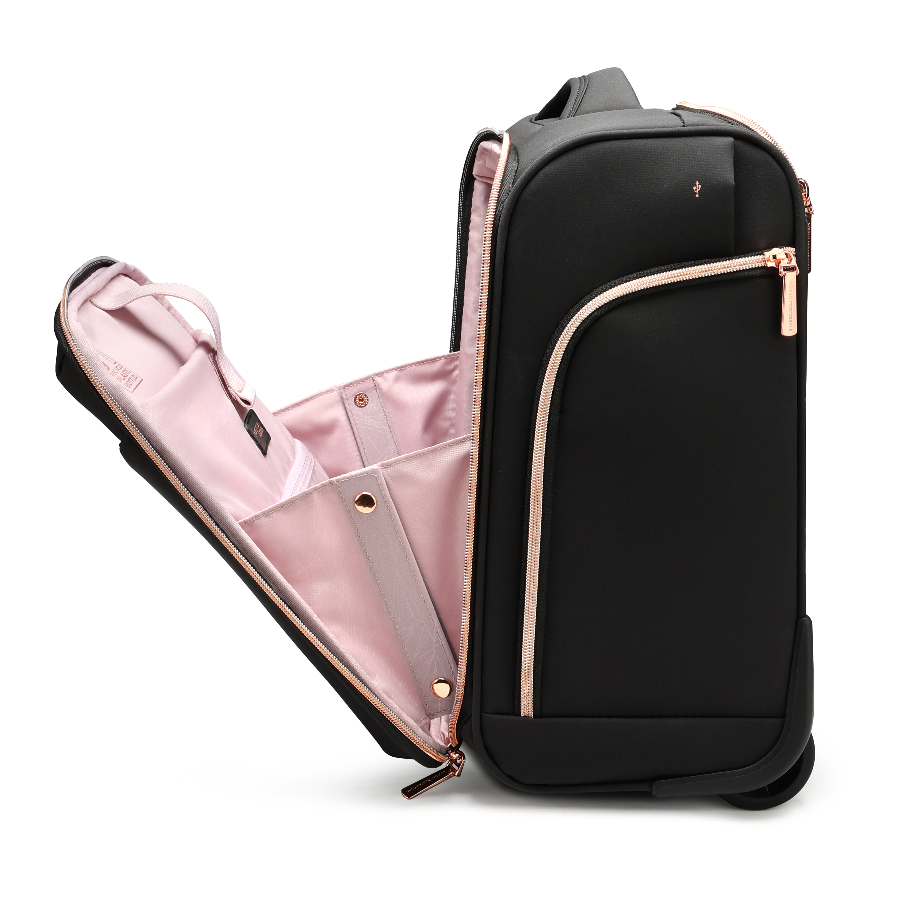 Valigia nera con cerniere e interni color oro rosa. Aperta per rivelare fodera rosa e scomparti. Sfondo bianco.