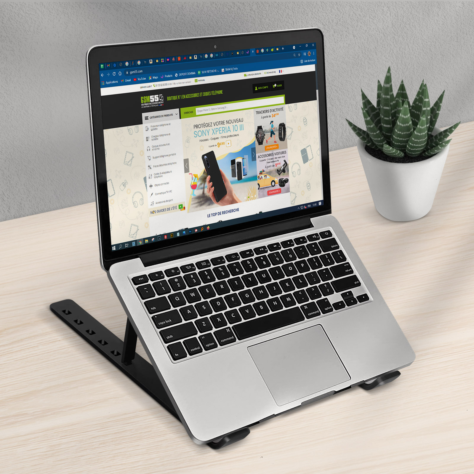 Laptop auf Ständer, Website geöffnet. Topfpflanze rechts. Der Laptop hat eine schwarze Tastatur.