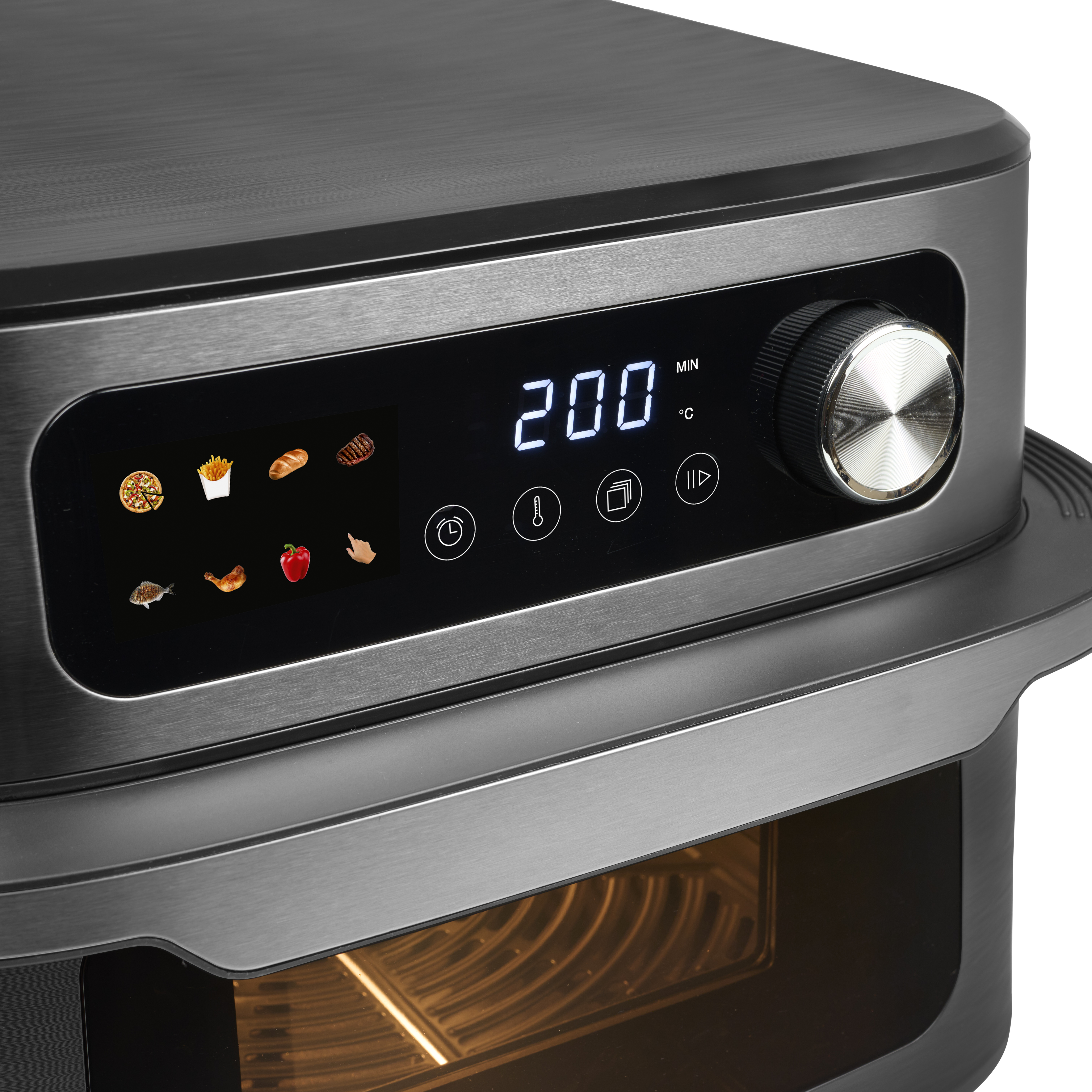 Close-up van een donkere airfryer met digitaal display met 200 graden. Het heeft een draaiknop en voedselpictogrammen.