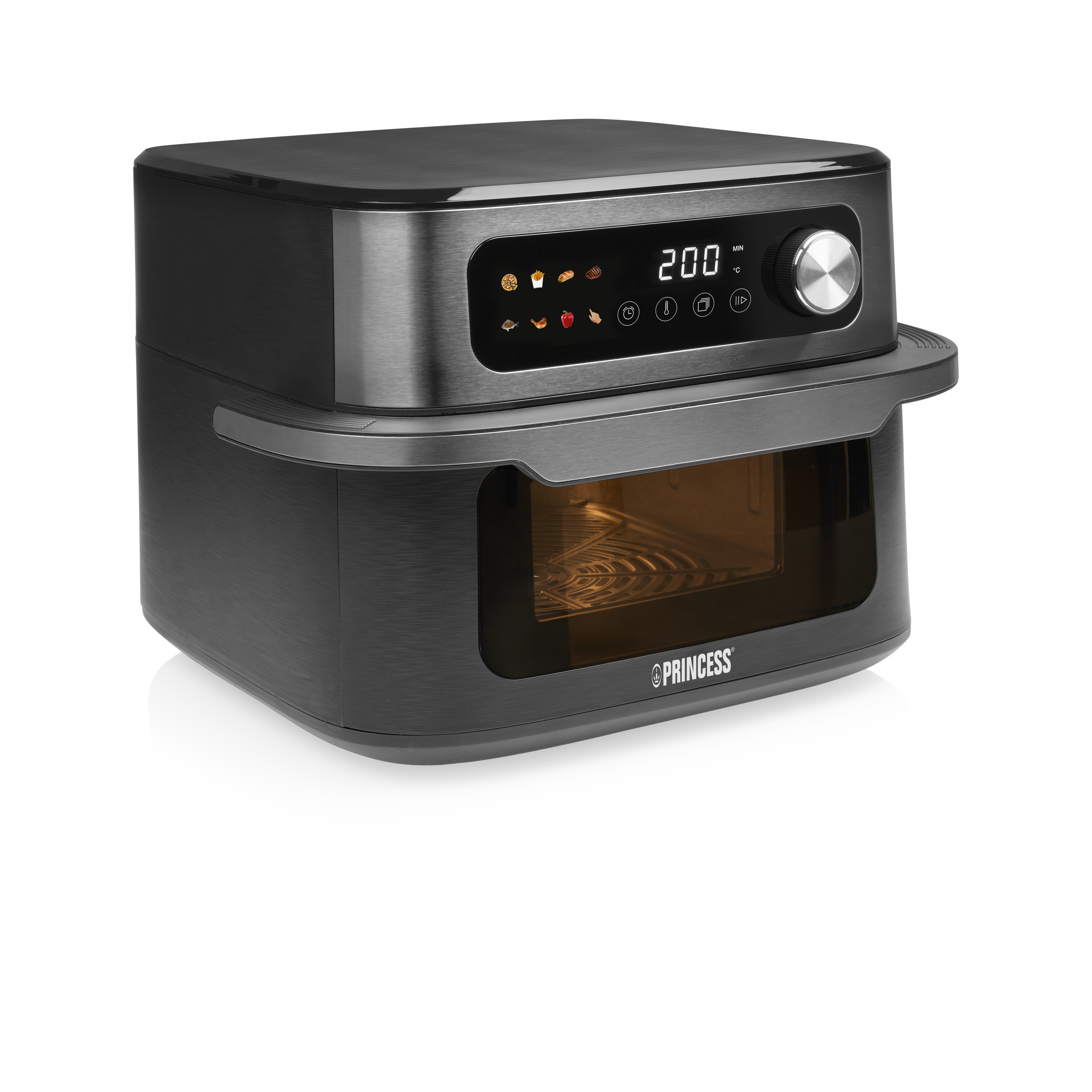 Een zwarte airfryer met een digitaal display met 200 graden. Het heeft een handvat en het Princess logo.