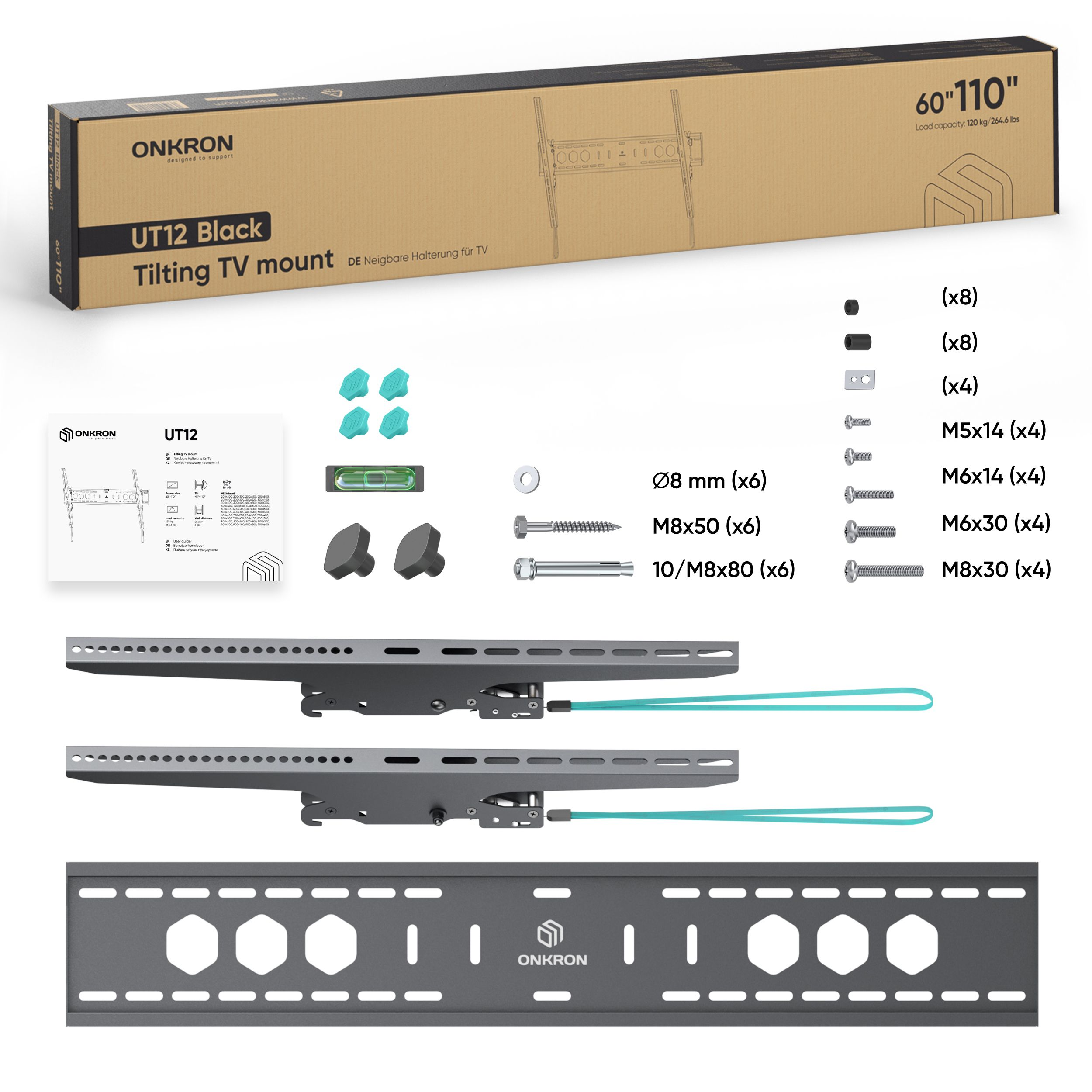 Zestaw do montażu telewizora z wspornikami, śrubami i pudełkiem z napisem 'UT12 Black'.