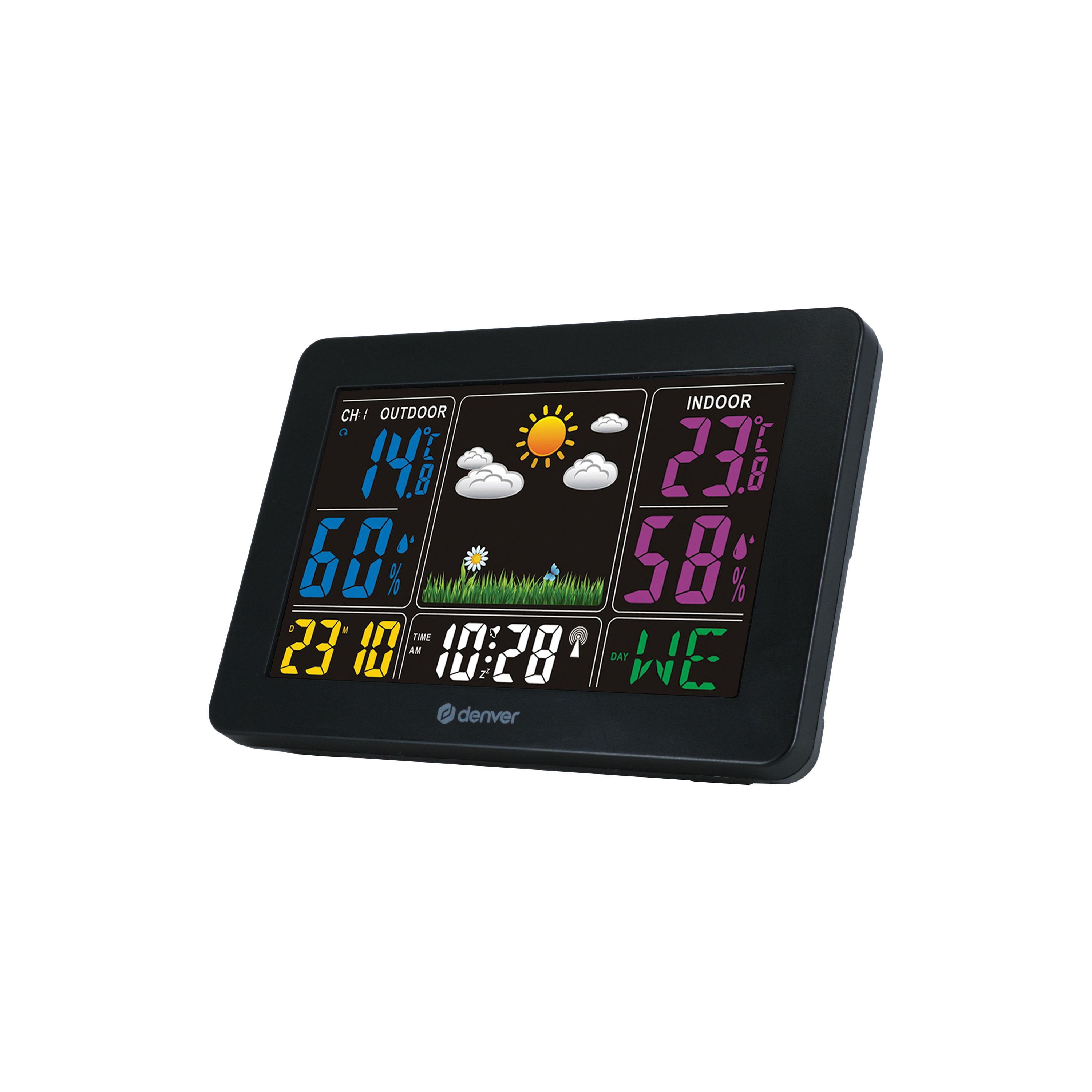 Czarna stacja pogodowa wyświetla temperaturę zewnętrzną i wewnętrzną, wilgotność, godzinę i ikonę słońca.