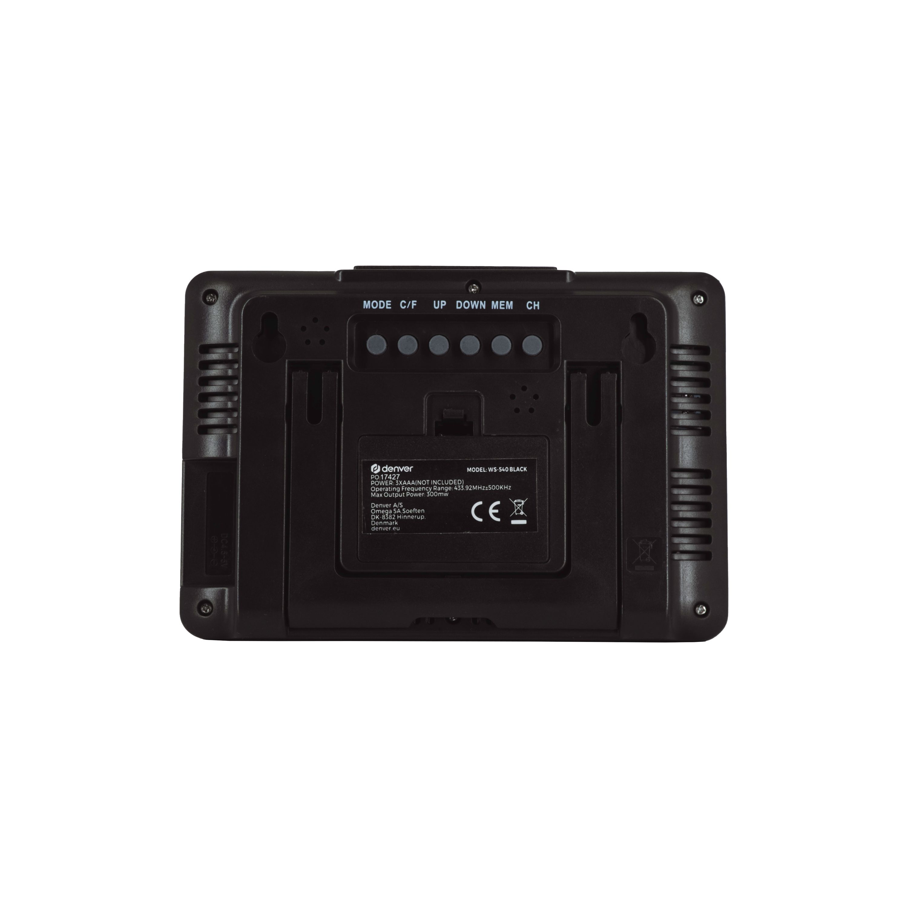 Czarna stacja pogodowa, przyciski MODE, C/F, UP, DOWN, MEM i CH, z białym tłem.