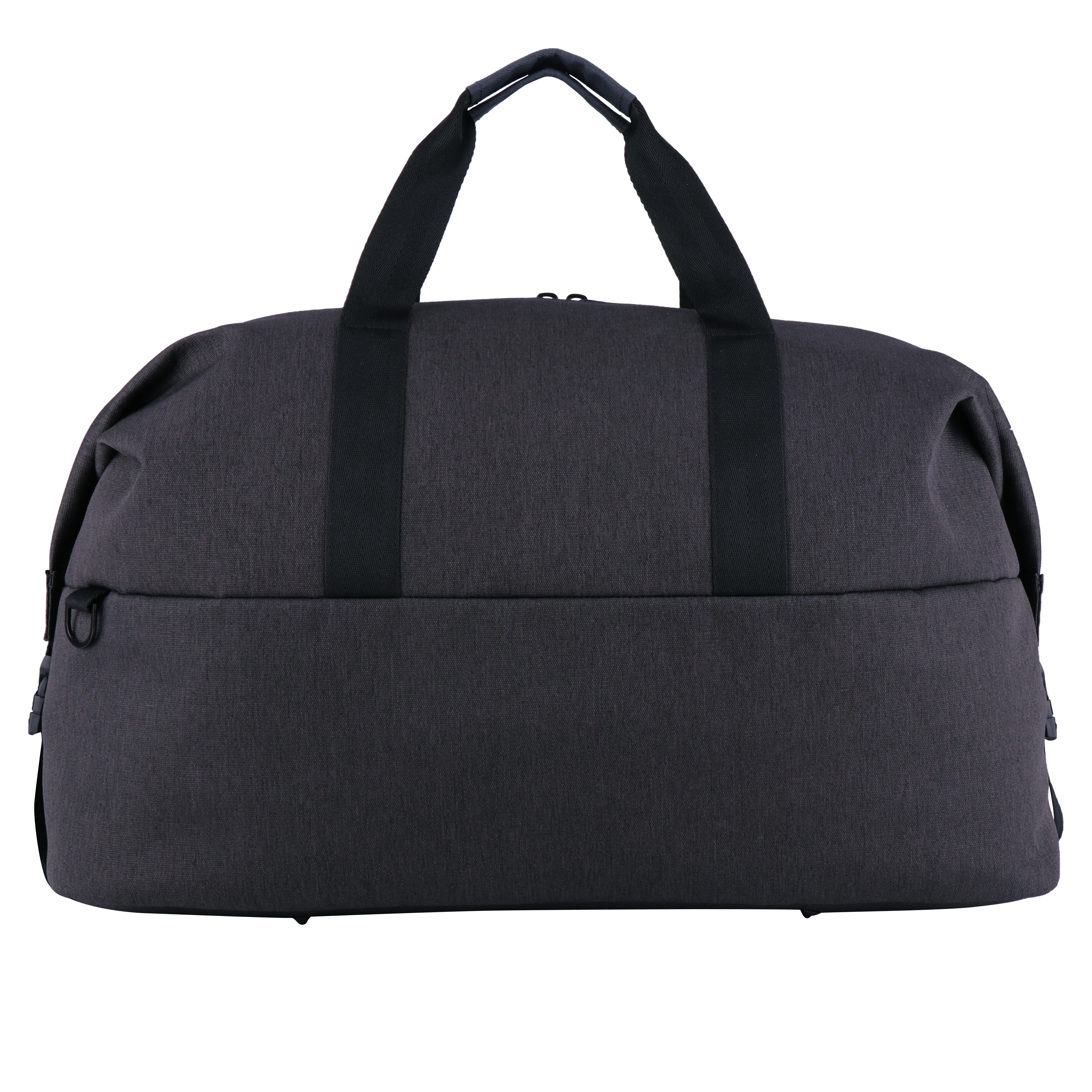 Una borsa da viaggio grigio scuro con cinghie e manici neri, su sfondo bianco.
