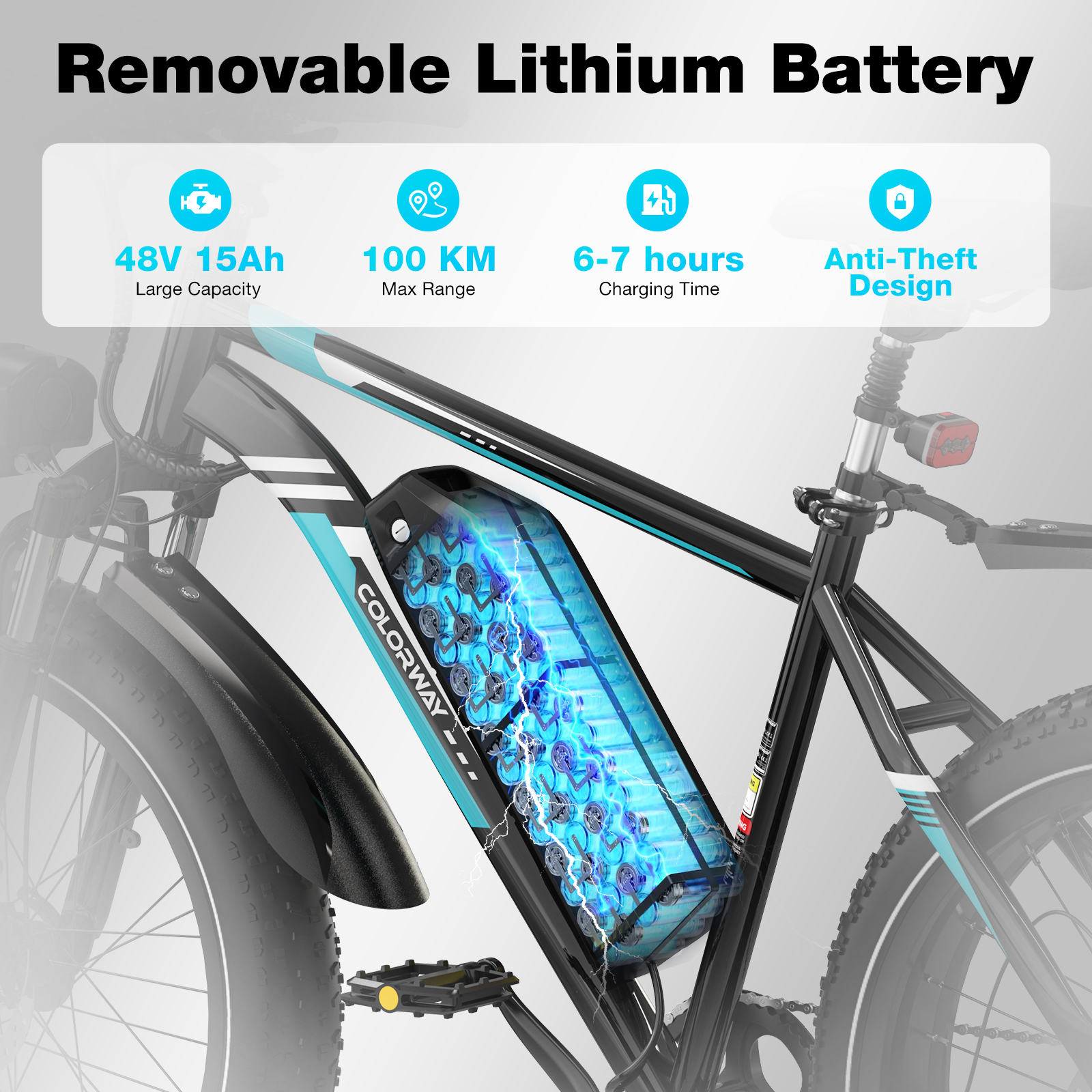 Un vélo électrique, cadre noir, batterie amovible, accents bleus, avec icônes de batterie, autonomie, charge et antivol.