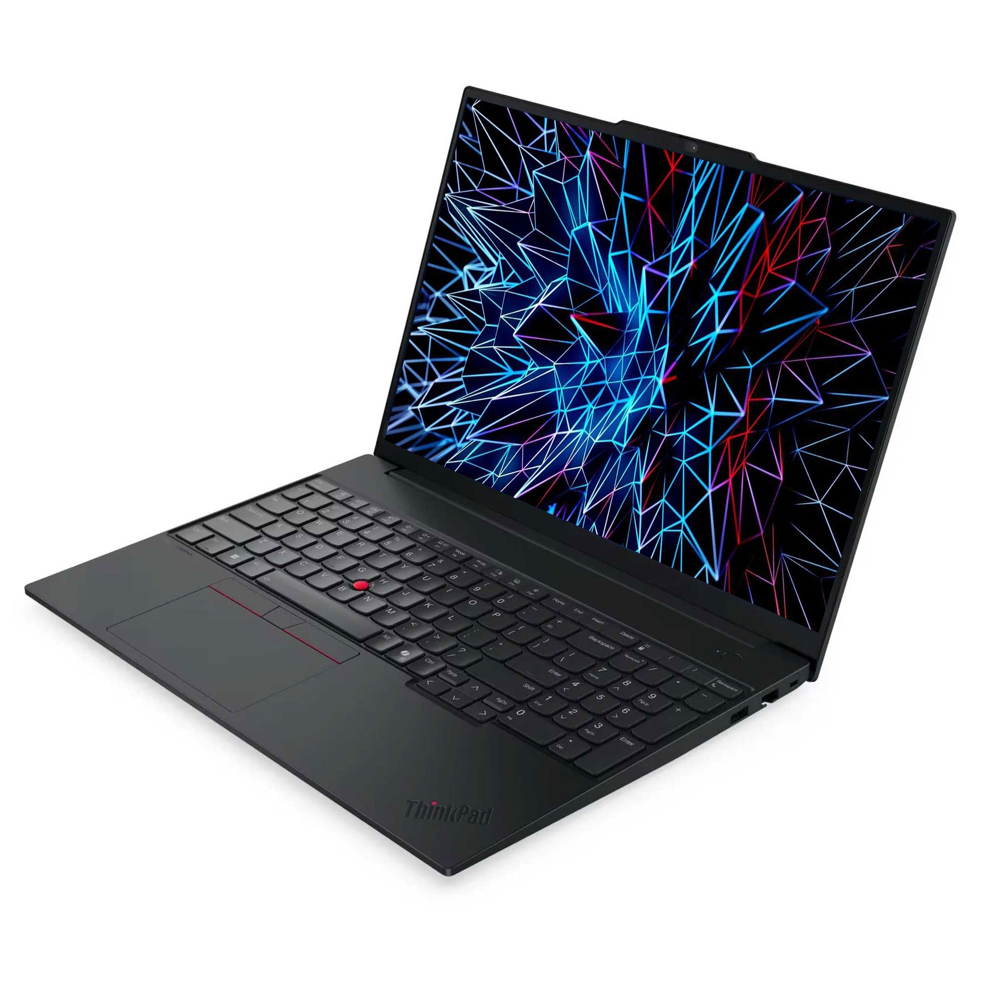 Siyah ThinkPad dizüstü bilgisayar açık, ekranda geometrik bir desen gösteriyor. Kırmızı izleme noktası ile klavye görünür.