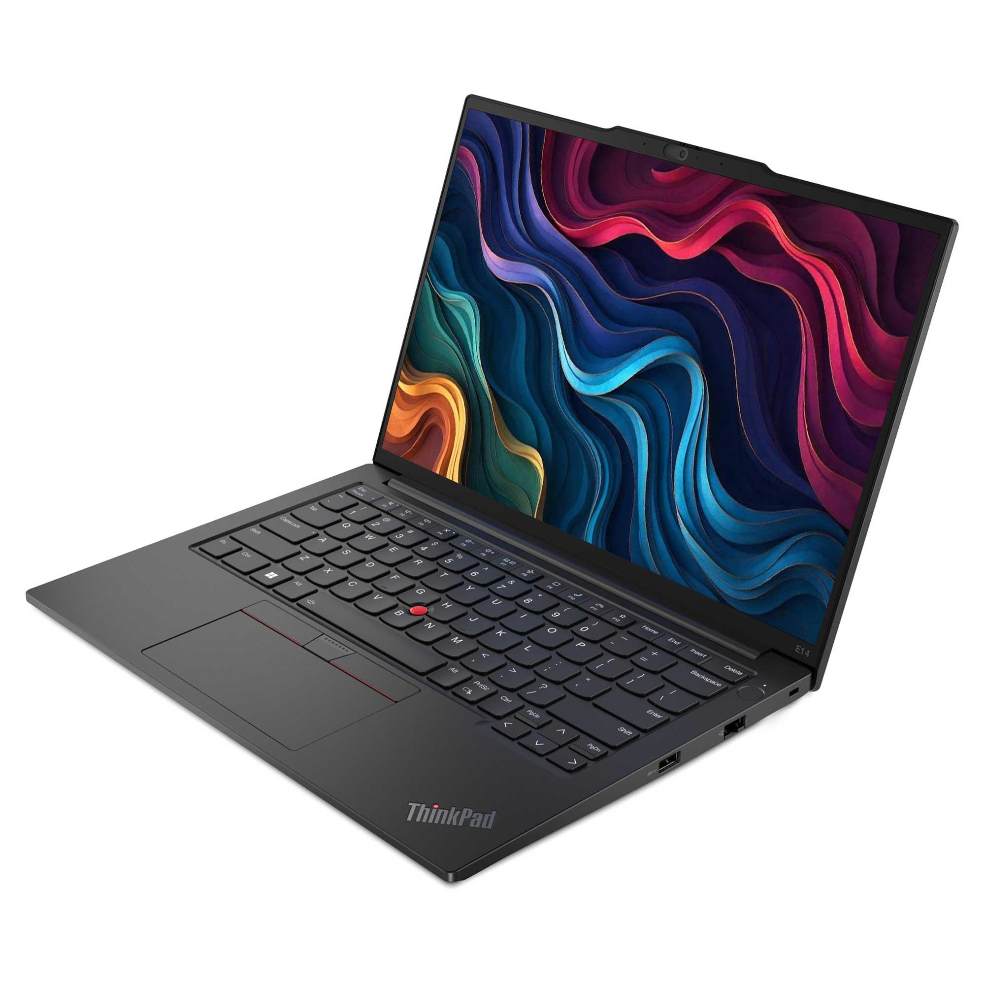 Siyah ThinkPad dizüstü bilgisayar açık, renkli soyut ekran. Klavye görünür. Beyaz arka plan.