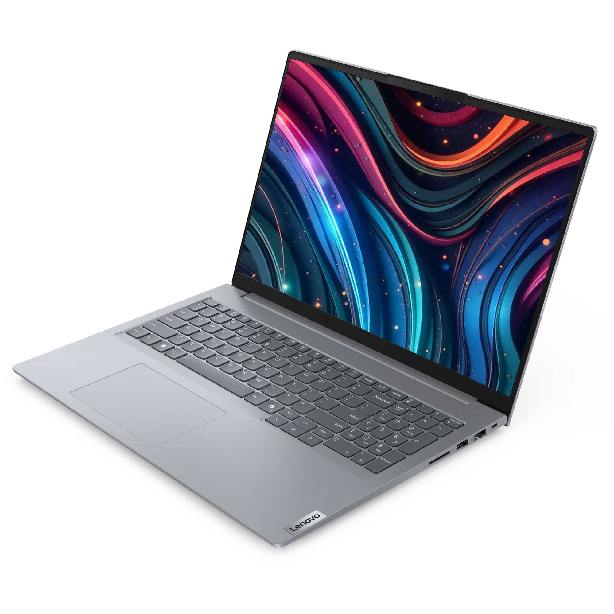 Gümüş renkli Lenovo dizüstü bilgisayar, açık kapaklı, ekranda renkli soyut sanat gösteriyor. Klavye görünür. Beyaz arka plan.