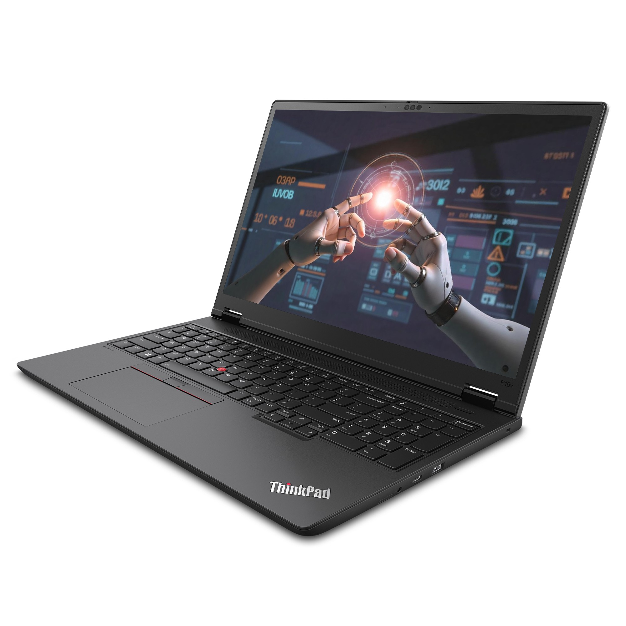 Siyah ThinkPad dizüstü bilgisayar açık, ekran fütüristik bir arayüzle etkileşim kuran robotik elleri gösteriyor. Klavye görünür.