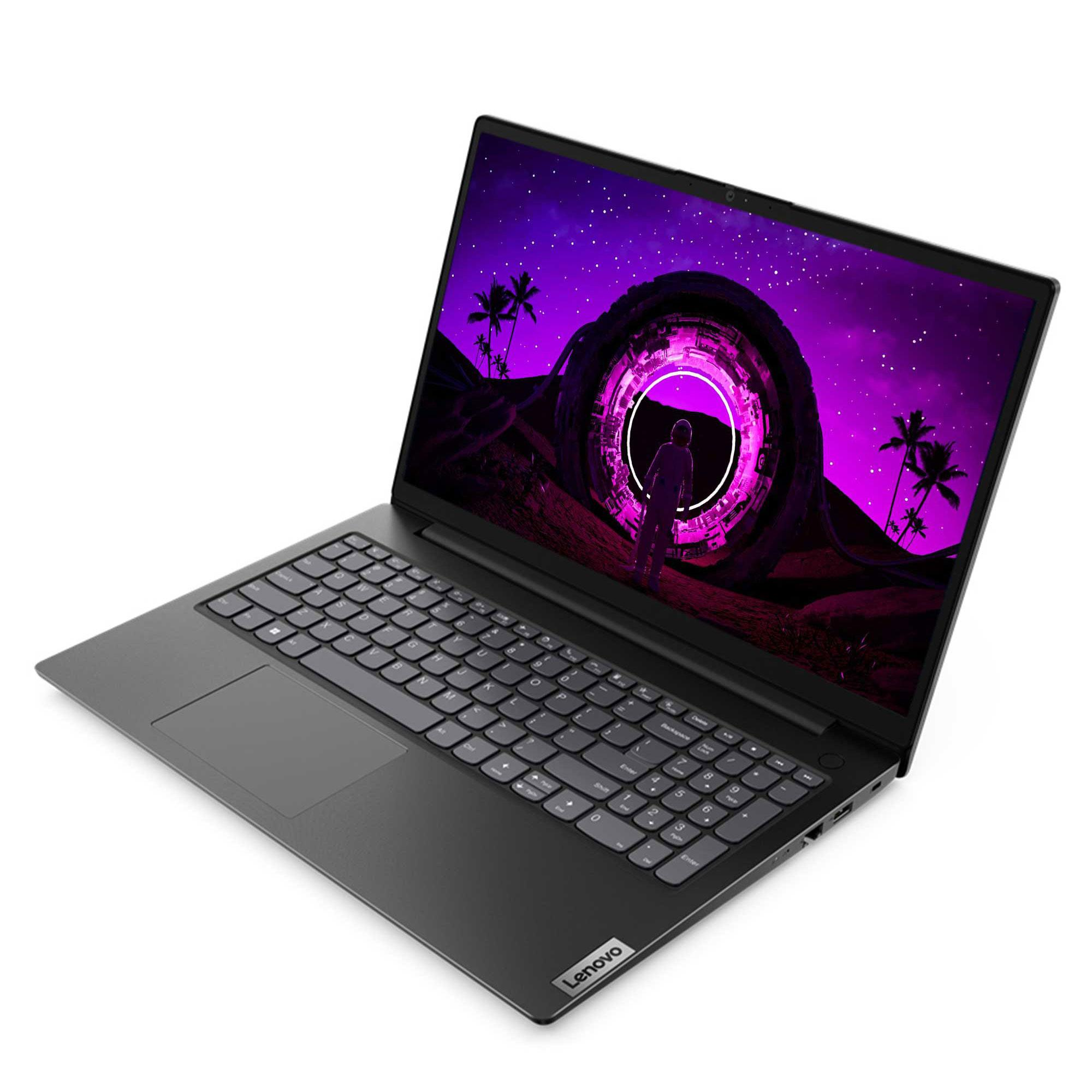 Bir Lenovo dizüstü bilgisayar açık, bir portalın yakınında bir figürle mor bir uzay sahnesi görüntülüyor. Dizüstü bilgisayar beyaz bir yüzeyde.